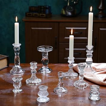 Mumufy 10 Pcs Glass Crystal Taper Candle Holders Clear Glass Candlestick Holder Fit 0.8 Inch Candles Crystal Decorative Candle Stand Centerpiece Table Wedding Dining Party (Classic,Clear)