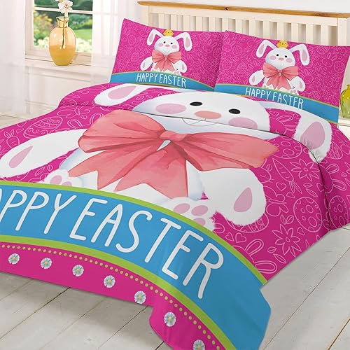 Miniatura 2 de Juego de funda de edredón tamaño King de 3 piezas diseño de conejo de caricaturas morado suave con cierre de cremallera lazos en las esquinas 1