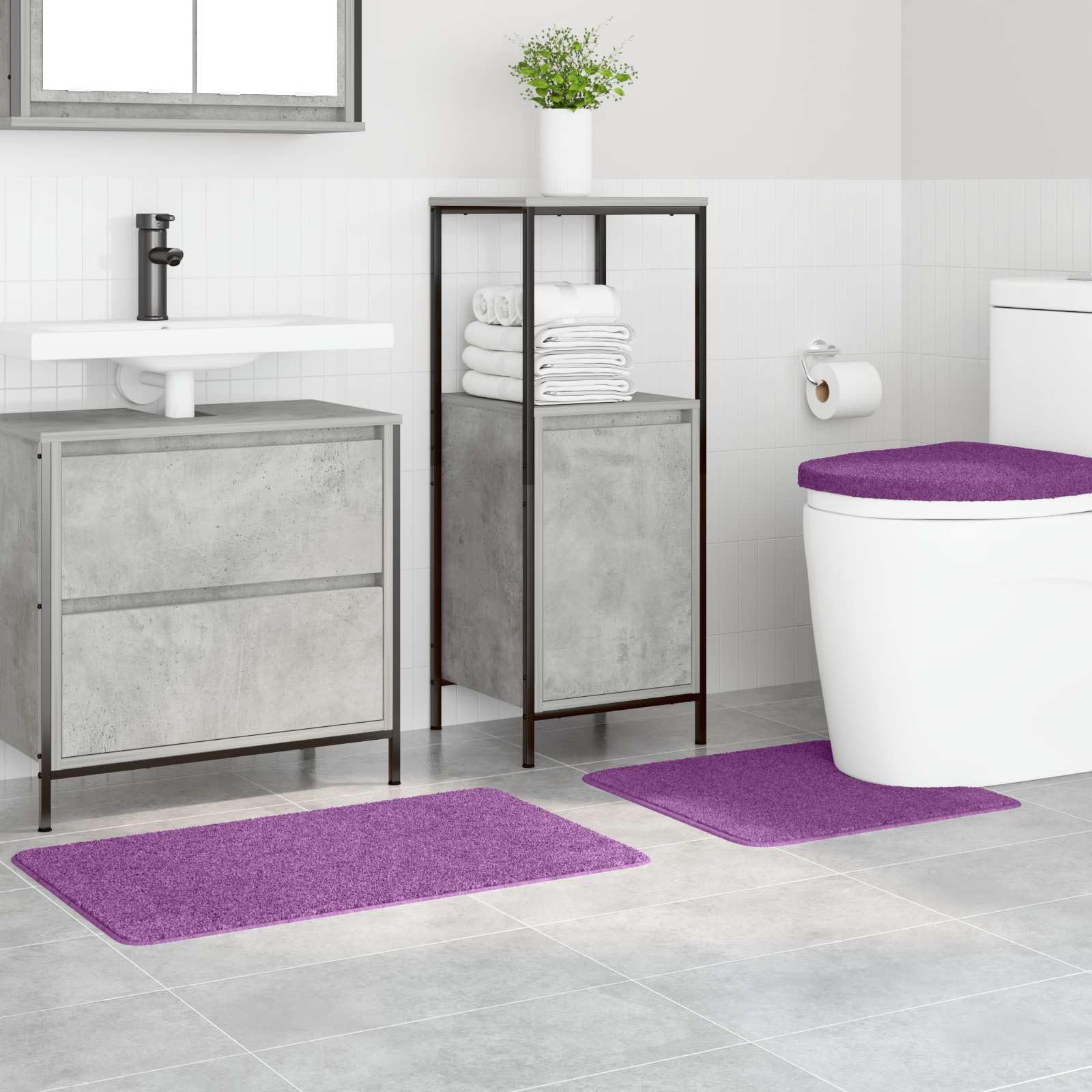 Anti-Rutsch Badematten Set 3-teilig Lila aus Polypropylen mit Rutschfester Latex-Rückseite und weicher Oberfläche, waschbar, schnelltrocknend, ideal für Badezimmer, Dusche, Badewanne