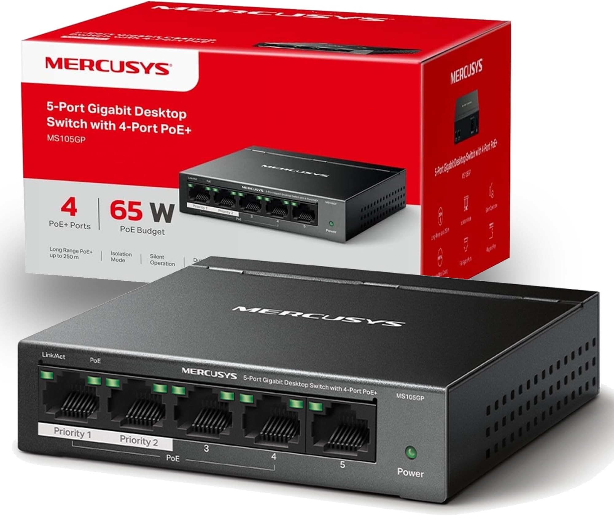 MS105GP 5 Port Gigabit Network Switch, Ethernet Switch with 4-Port PoE+, 65W Total Budget , Metal Case, Desktop or Wall Mount, TP-Link Silent Operation, Power Saving, Plug & Play