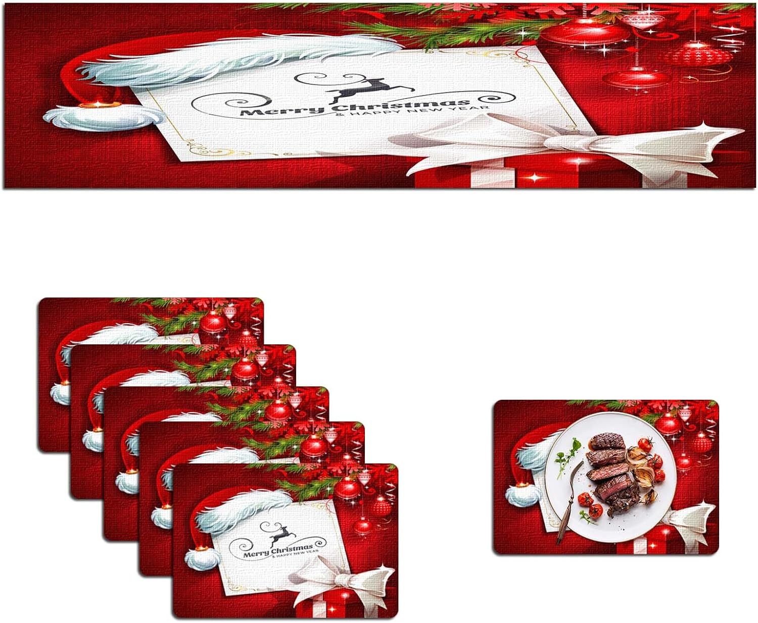 Mcalk Red Christmas Table Runner and Placemats Set of 6, Christmas Placemat