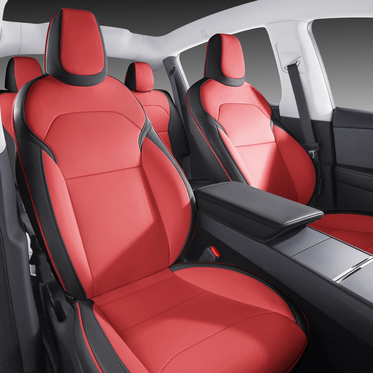 Nappa Leather Car Seat Covers Compatible with 2025-2026 Tesla Model Y Juniper, Bright Red & Black Two-Tone Design, Custom Fit Full Set, Airbag Compatible Car Interior Cushion Covers