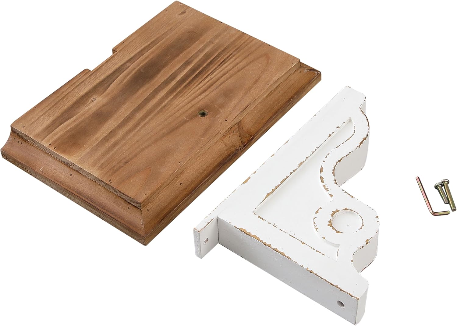 SOFE Rustic Wood Floating Shelf 14 Inches Long, Decorative Wall Shelves for Living Room Bedroom Bathroom, Chic Wall Decor for Display Vases Candles Books, Distressed White Scrolled Bracket