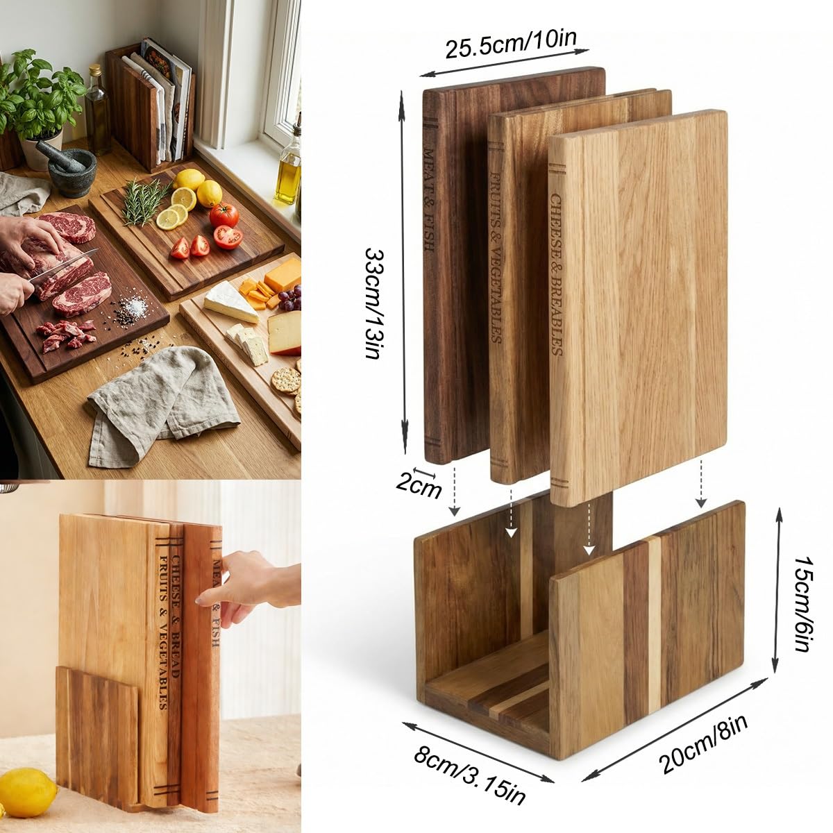 33×25,5×2 cm Holz-Buch-Schneidebrett-Set für Küche, Buch-Stil Schneidebretter mit Ständer, 3-teiliges Holz-Schneidebrett-Set für Fleisch, Gemüse, Käse Servieren, Einzugsgeschenk