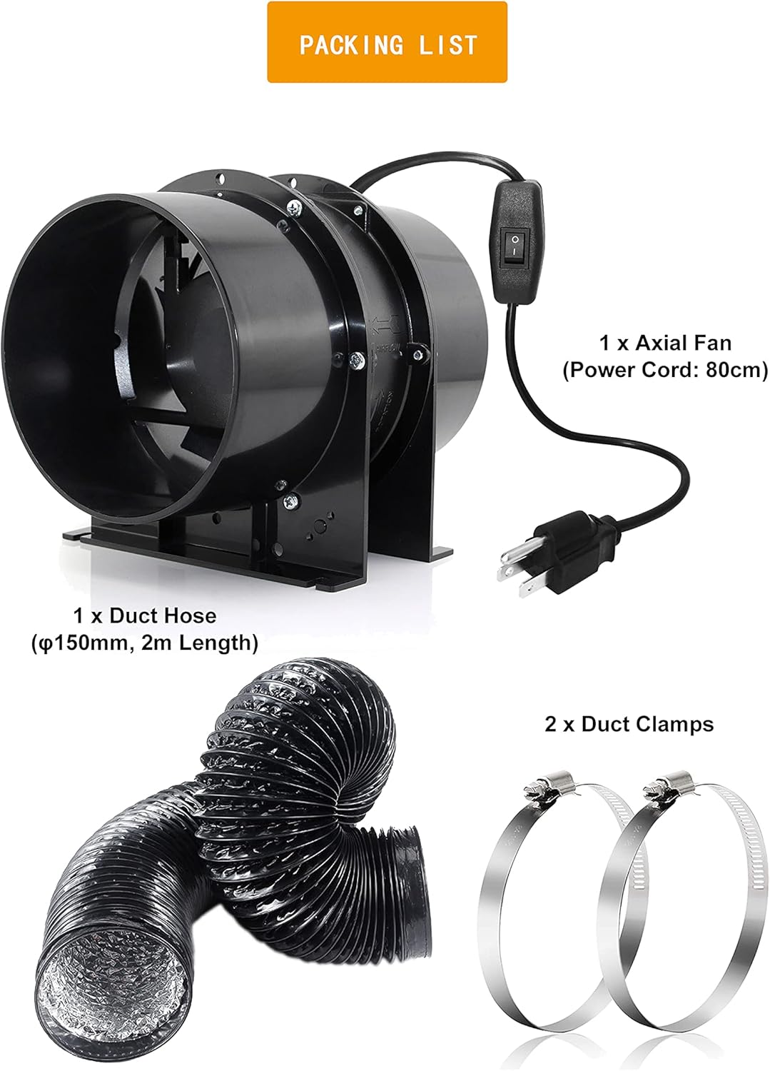 FanGoFast 197CFM 6-Inch Axial Exhaust Duct Fan w/On-Off Switch, Duct Fan Compatible, 6" x 6.5ft Duct Hose for Grow Tent, Workbench, Greenhouse, HVAC Pipe, Soldering Fume Extractor, 3D Printer