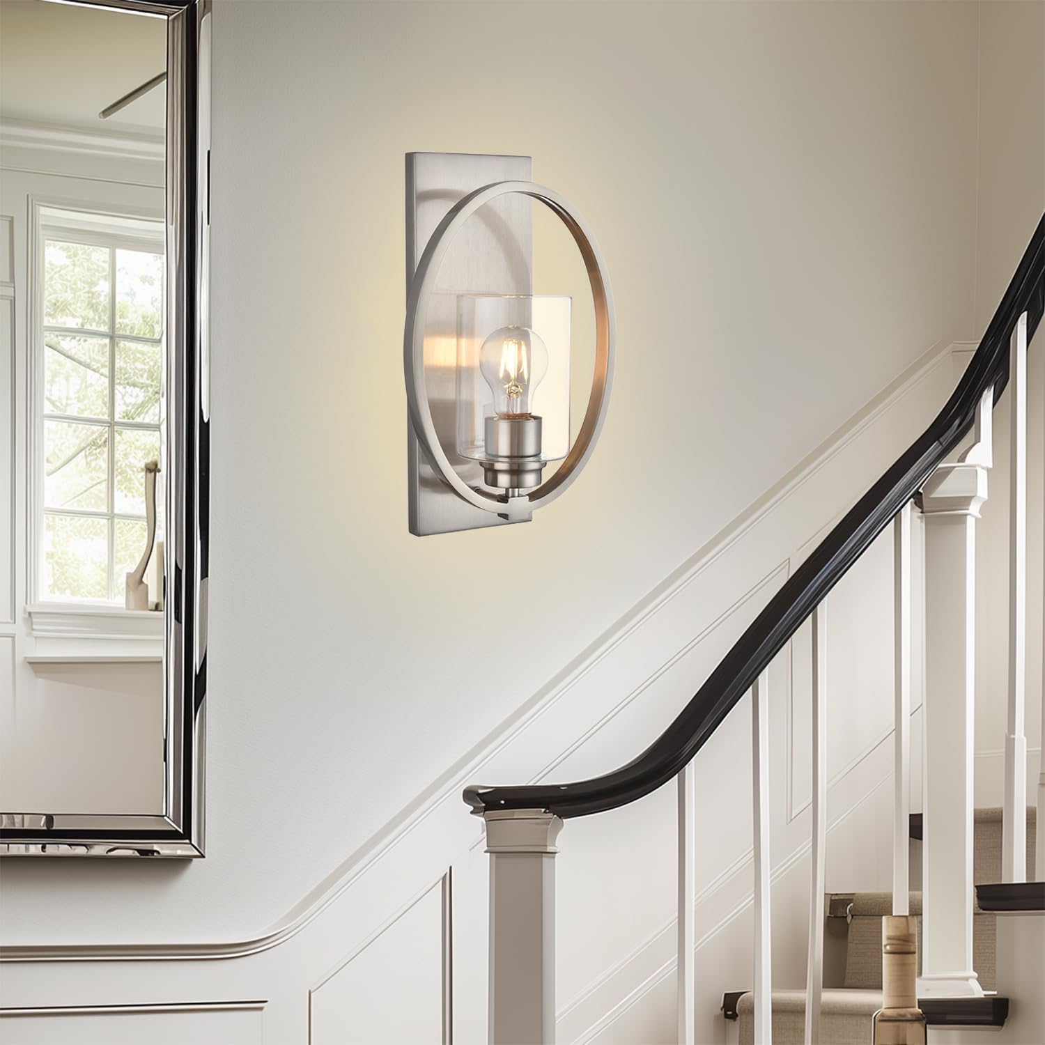 Vintage Wall Sconce with Glass Shade, 1-Light Brushed Nickel Farmhouse Wall Lights, Dimmable Bathroom Vanity Light for Mirror Hallway Living Room Bedroom (Nickel)