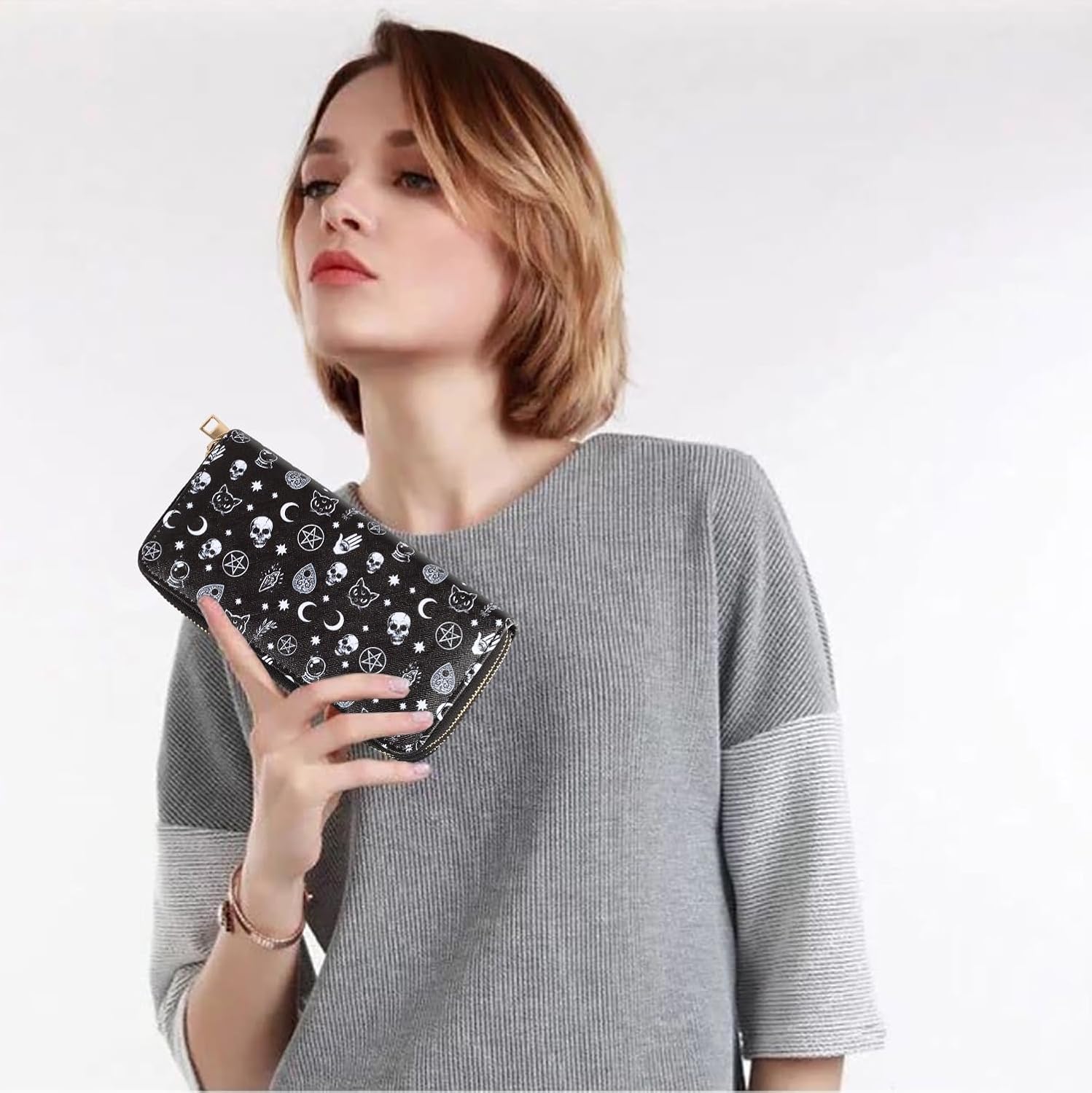 Halloween Skull Wallets for Women Large Capacity 2 Zipper Around Gothic Wallet Ladies Goth Purse Credit Card Holder (Skull) - Image 7