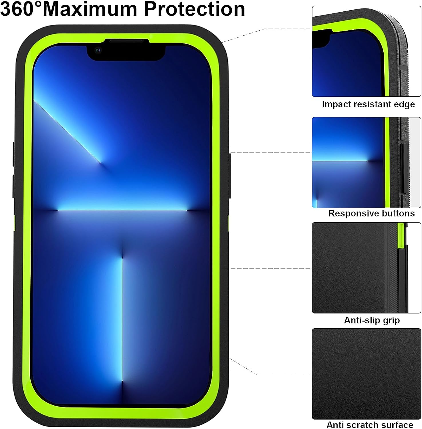 Case for iPhone 13 Pro Max Case 6.7" with Belt Clip Holster Kickstand, 2 Screen Protector & 2 Camera Lens Protector, Heavy Duty Full Body Protection Phone Case(Belt Clip,Black+Green) - Image 4