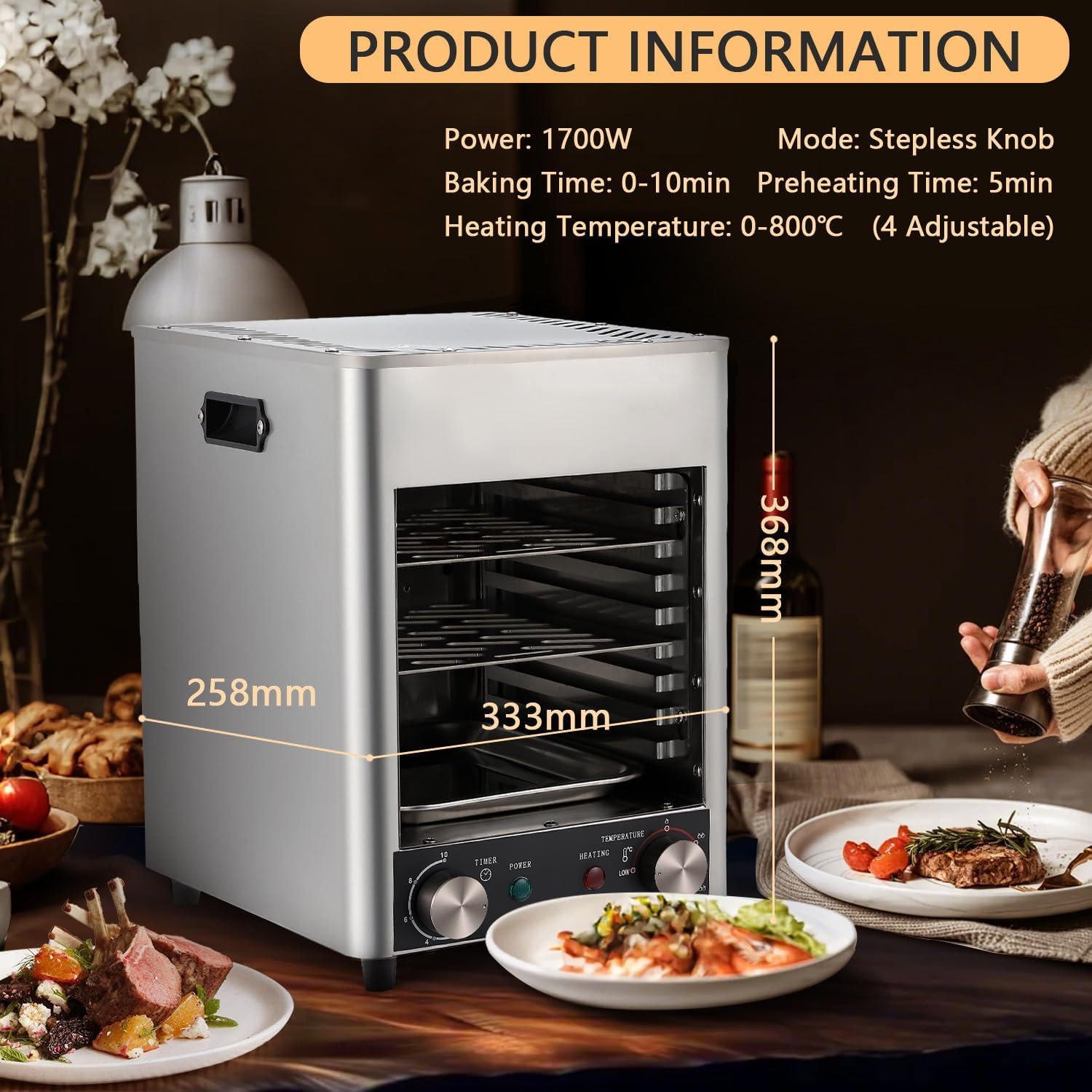 1700w Electric Steak Broiler with 10 Grilling Slots, 0-10min Time / 200-800℃ Temperature Adjustable, Smokeless Steak Grill for Commercial and Household Use,220V