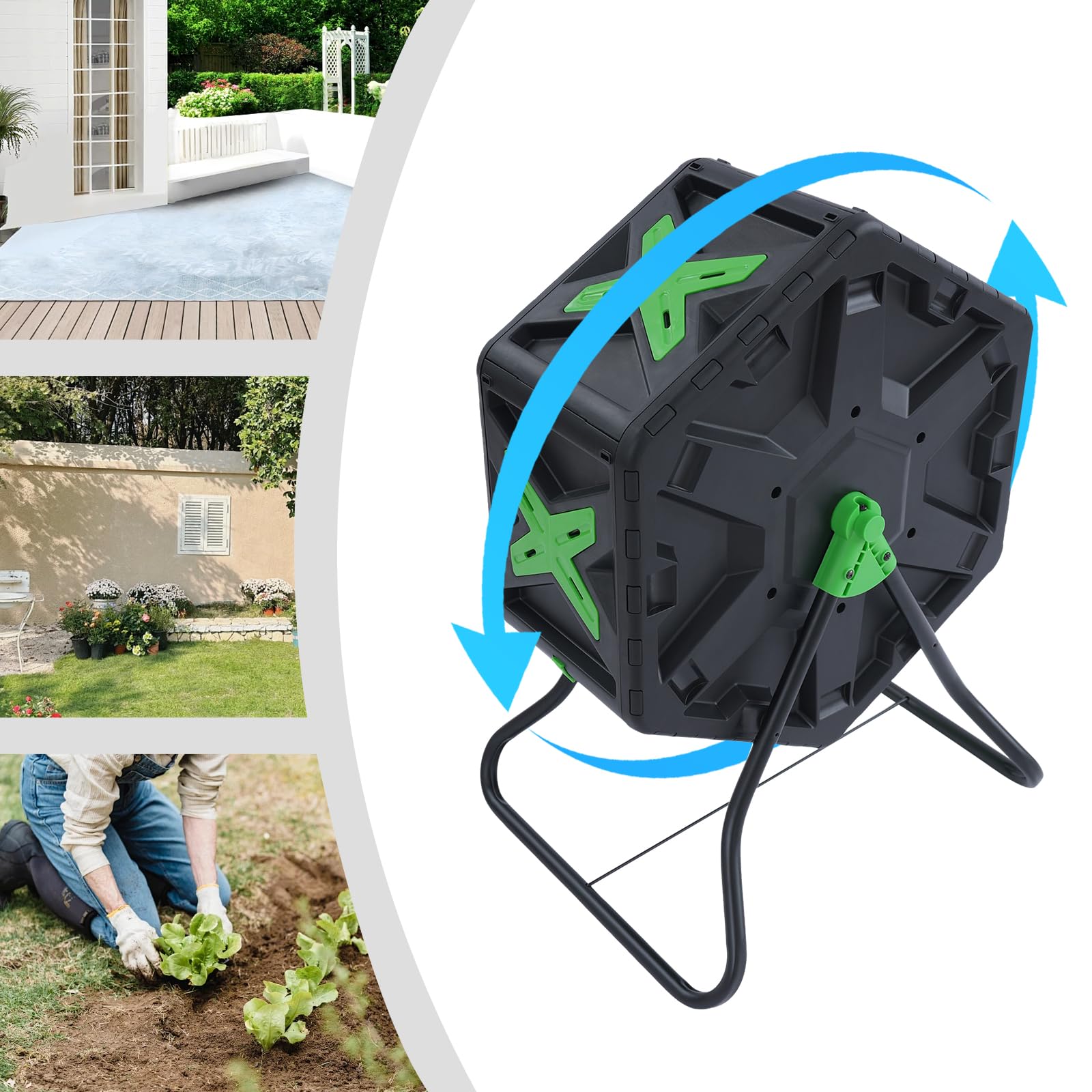 Compostador giratorio de 70 litros, contenedor de compostaje giratorio de 360°, contenedor de compost de una sola cámara, para jardines, balcones, patios, cocinas, económico y práctico, negro y verde