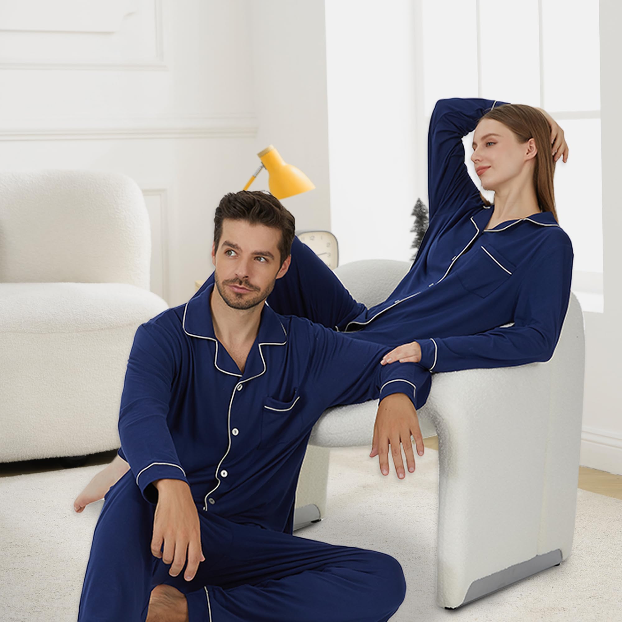 PJGGZ Pijamas a juego para parejas, conjunto de pijama con botones para hombres y mujeres, ropa de descanso suave y cálida