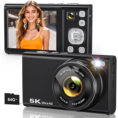5K Digital Camera for Photography with 6X Optical Zoom, Autofocus 96MP Vlogging Camera for YouTube Video with Dual-Lens, Compact Point and Shoot Travel Cameras for Beginners with 64GB Card & Flash