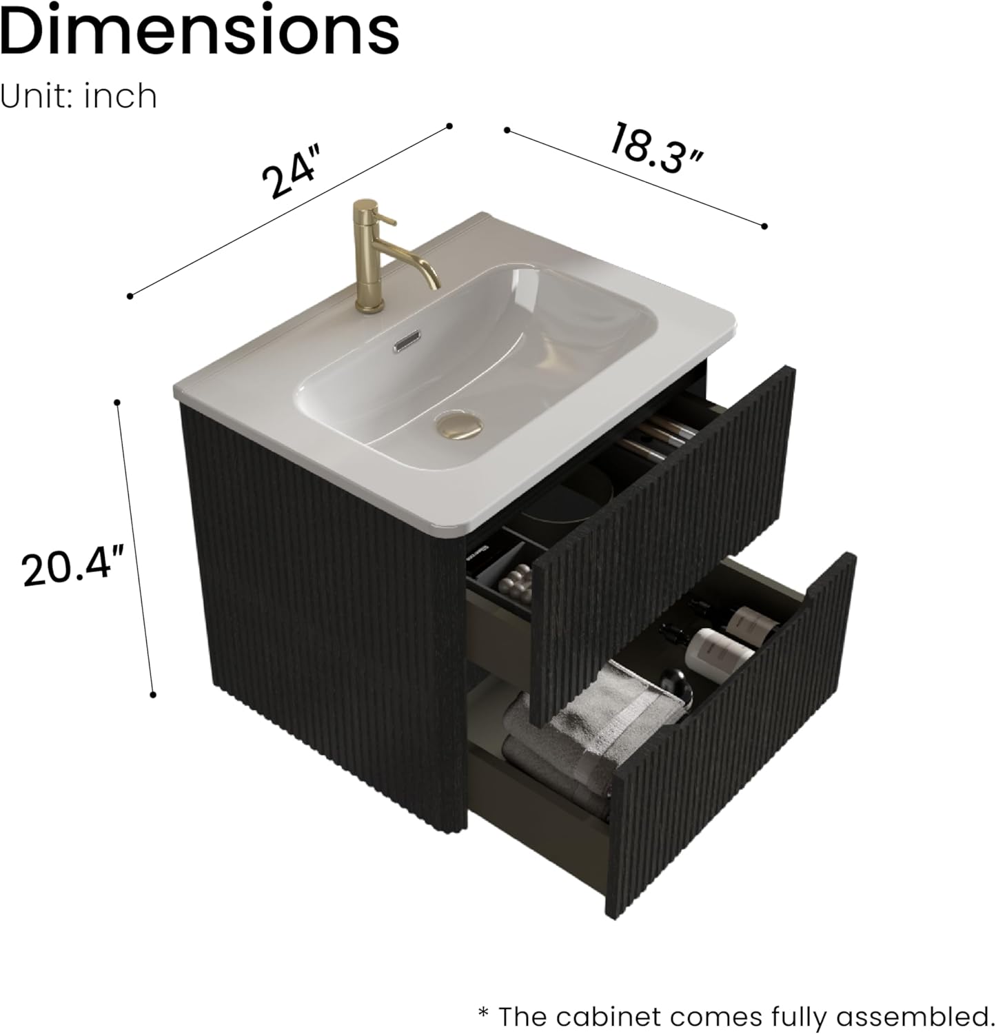 24" Bathroom Vanity with Sink, Modern Floating Vanity with Double Soft-Closing Drawers, Large Storage for Small Space, Brushed Black Oak Finish