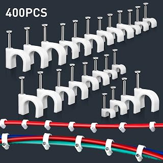 400pcs Cable Wire Clips Circle Cable Clips with Steel Nail 4、6、8、10mm Management RG6 RG59 CAT5 CAT6 RJ45 Electrical Ethernet Dish TV Speaker Cord Tie Holder Single,White Plastic,Coax,Coaxial Clamps