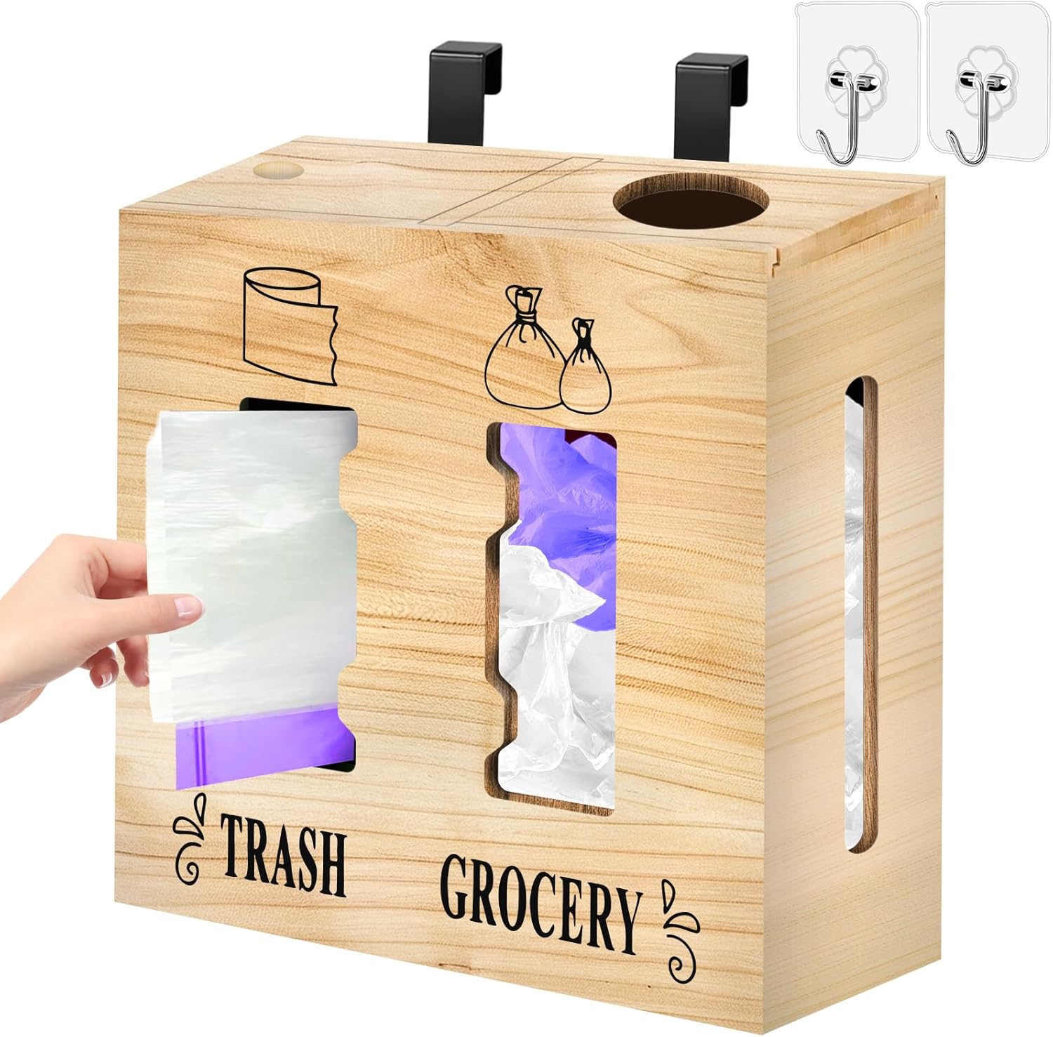 2 in 1 Trash Bag Dispenser Grocery Bag Holder Wood Wall Mount Kitchen Laundry Room Organization
