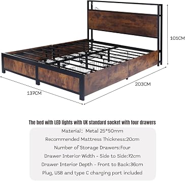 Double Bed Frame with 4 Storage Drawers, Metal Bed Frame with LED lights and Charging Station, USB and Type-C charging port, Strong Steel Slats Support, Under-bed Storage