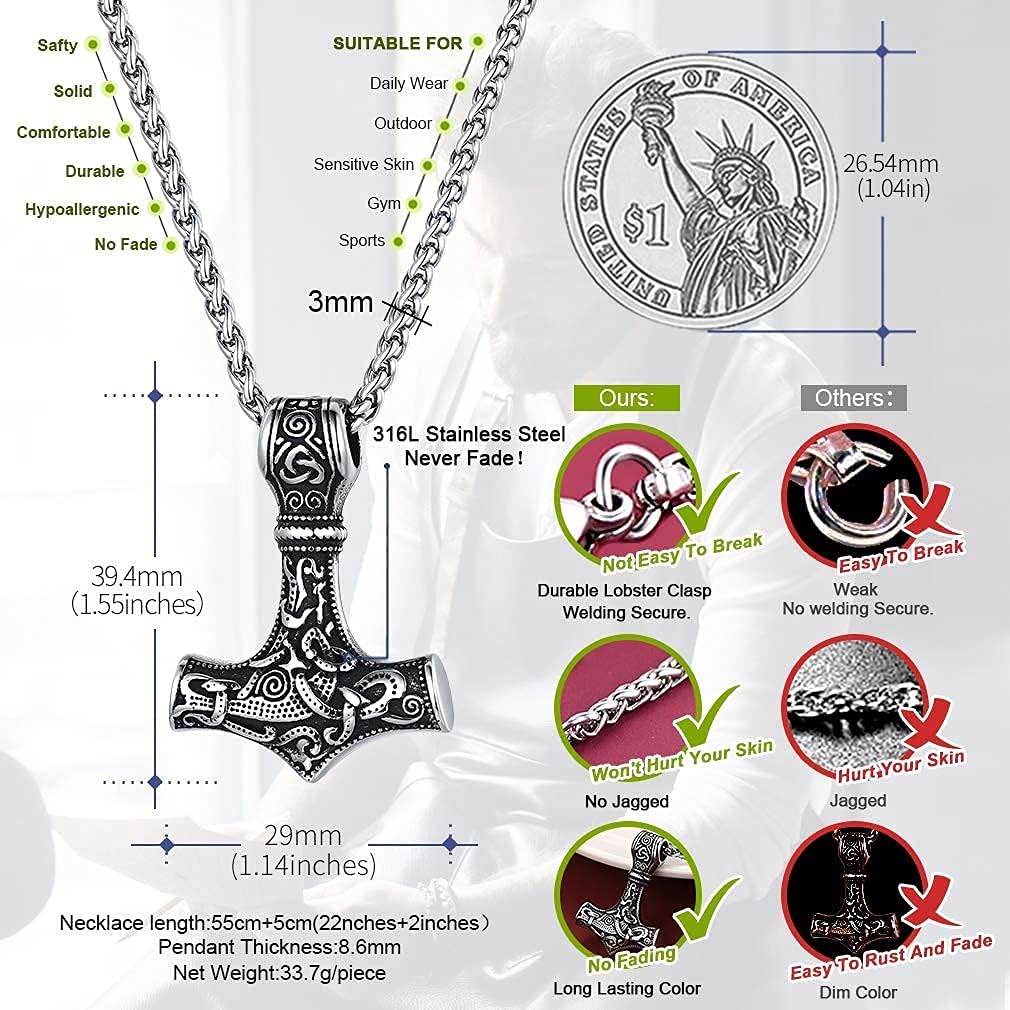 FaithHeart Vikings Necklace for Men Stainless Steel Hammer Pendant Nordic Jewellery Norse Mjolnir Charm Talisman Amulet Necklaces Viking Gifts Dad Father - Image 5