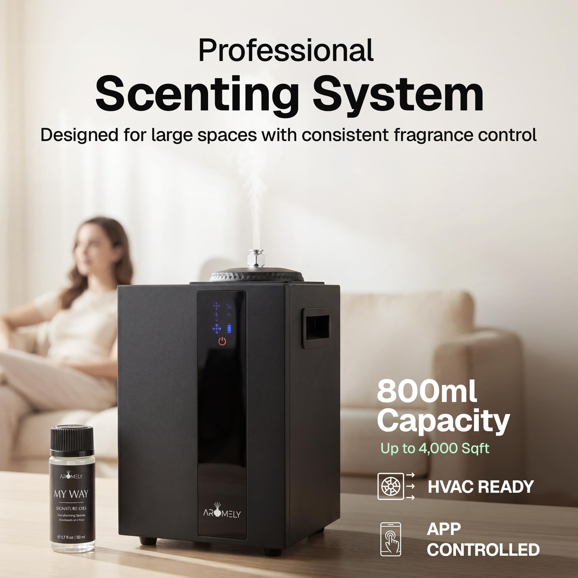 Aromely Smart WiFi HVAC - Difusor de Aroma nebulizante de aromaterapia, máquina de Aroma sin Agua, ambientador hogar u Oficina, Botella Grande de Aceite de hasta 4,000 pies Cuadrados