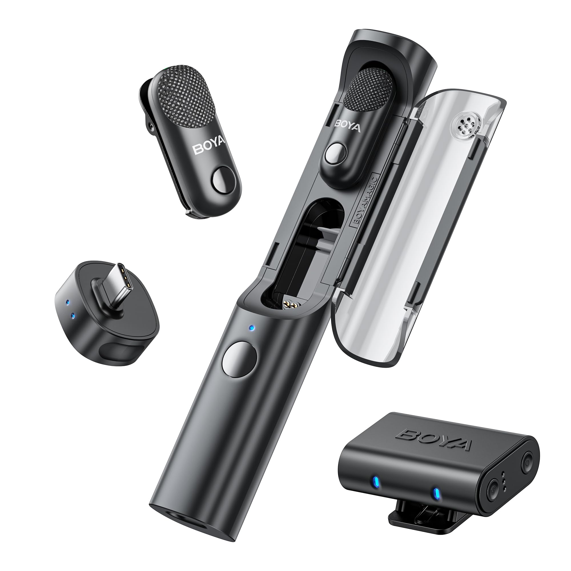 BOYA Mini Microphones Magiques sans Fil pour iPhone 15-16/Android/PC/appareil Photo, 4 Formes en 1, 7g, léger, réduction du Bruit IA, 48 kHz/24 Bits, contrôle par Application, portée de 100 m