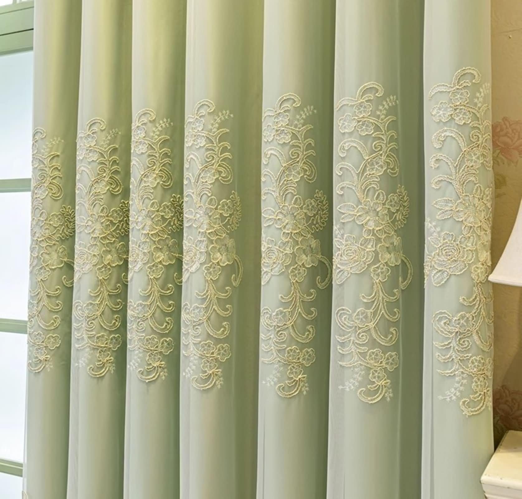 Zasłony zewnętrzne zaciemniające, zielona zasłona okienna do sypialni dwuwarstwowa koronka haft poliester zestaw 2 szt. 102 W x 244 l cm