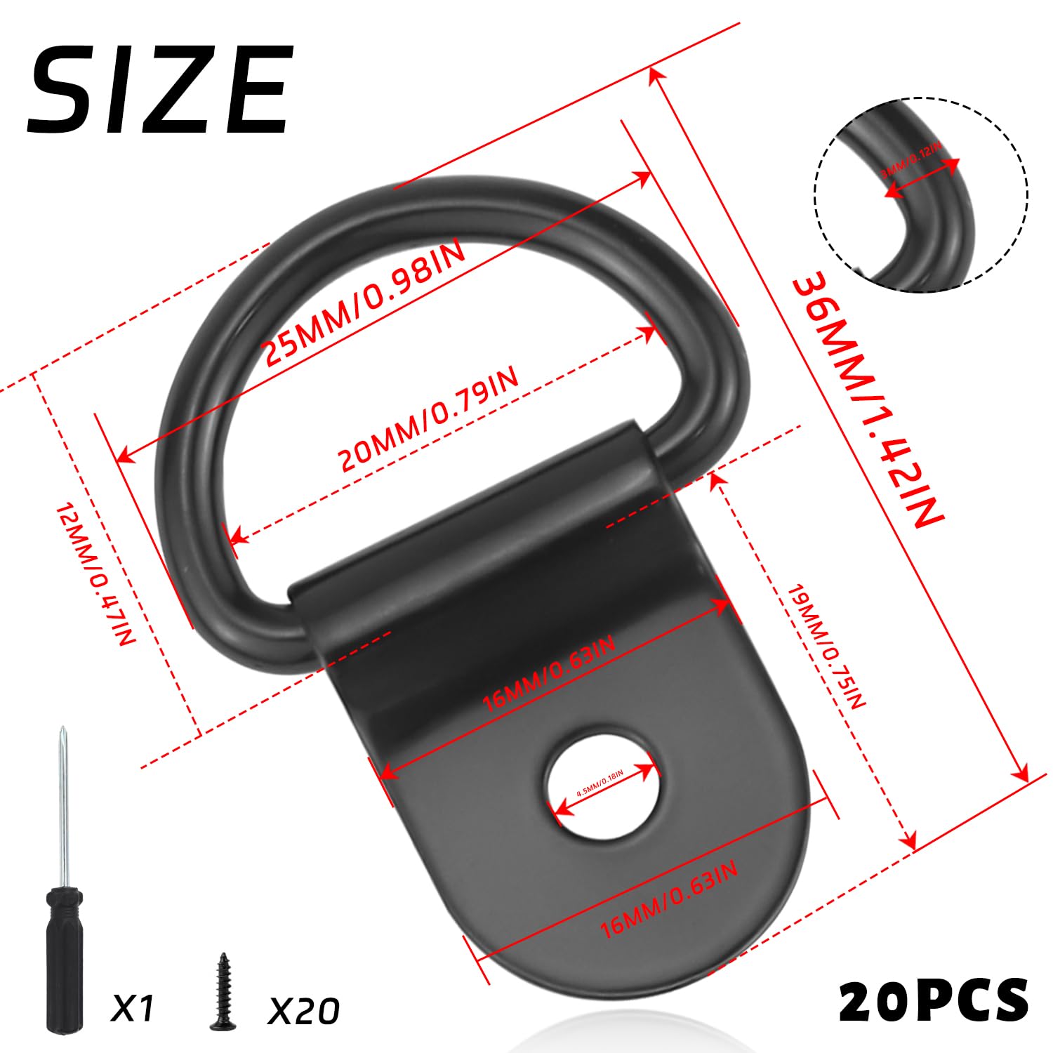 Lot De 20 Anneaux D'arrimage En D En Acier Inoxydable Noir - 36x25 Mm, Vis Incluses - Pour Camion, Bateau, Camping, Garage - 5