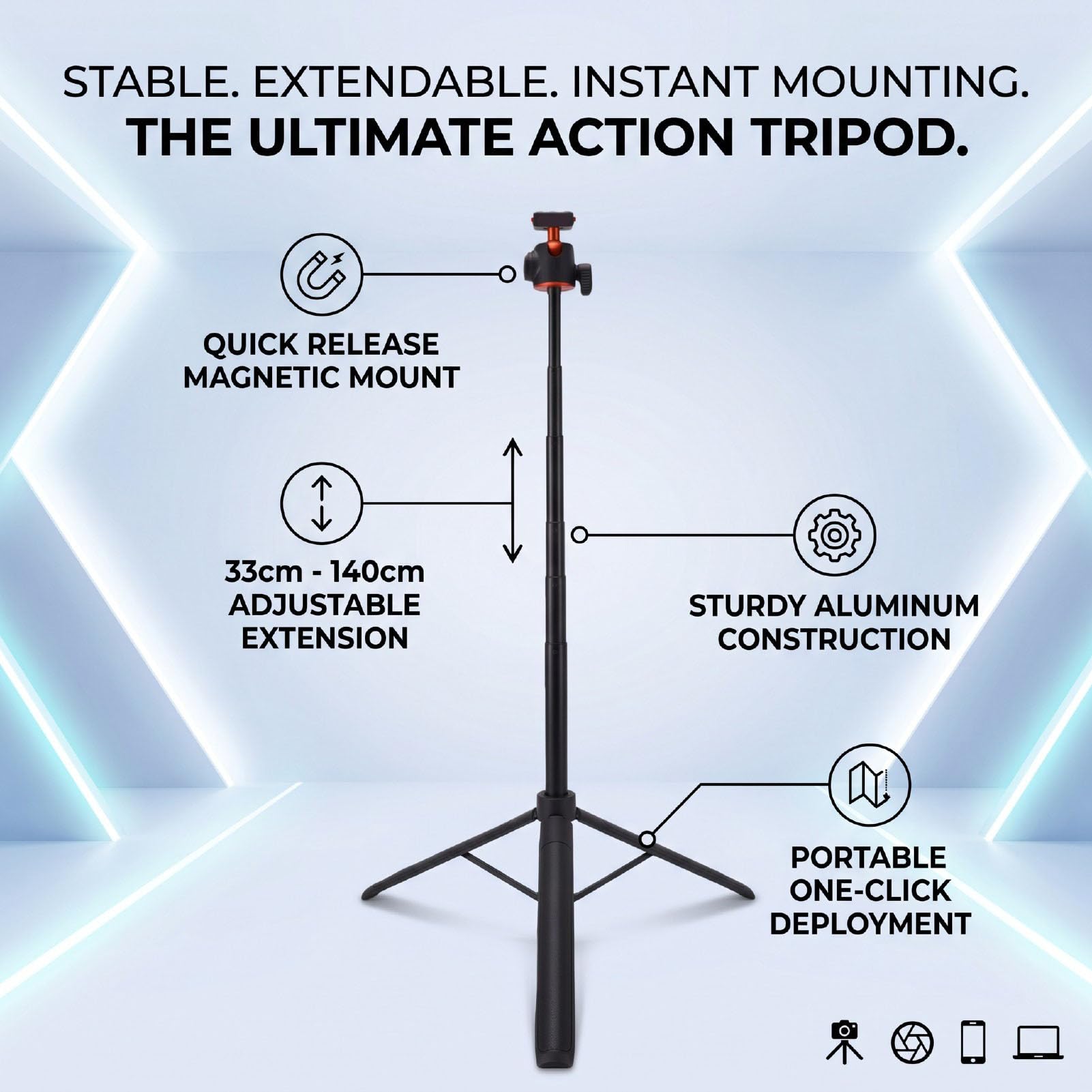 Asta Selfie per Fotocamera con Supporto Magnetico, Treppiede con Asta di Prolunga 140 Cm 55 Pollici Pieghevole Supporto in Lega di Alluminio con Rotazione a 360° con Testa a