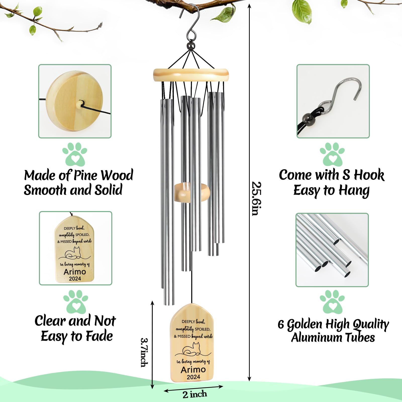 Touber Pet Memorial Wind Chime, Personalized Cat Memorial Gifts, Wind Chimes for Loss of Cat, Cat Loss Gifts, Cat Bereavement Gifts, Loss of Pet Sympathy Gift Cat