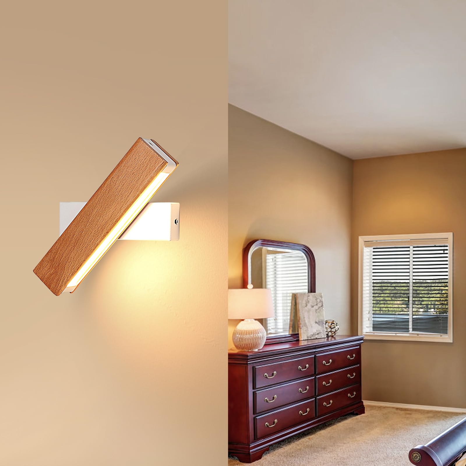 DELIPOP Applique da Parete Interno, 360° Girevole Lampada da Parete in Legno, 3000K Bianco Caldo Lampada da Muro LED per Camera da Letto Soggiorno Corridoio