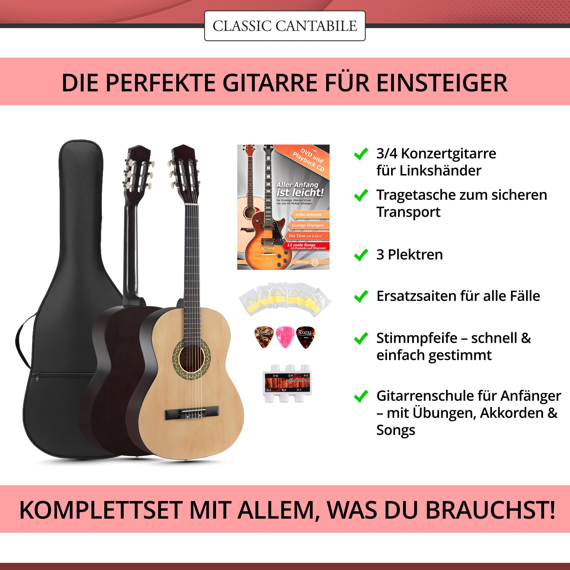 Classic Cantabile Acoustic Series AS-851-L guitare de concert 3/4 pour gauchers Starter-SET