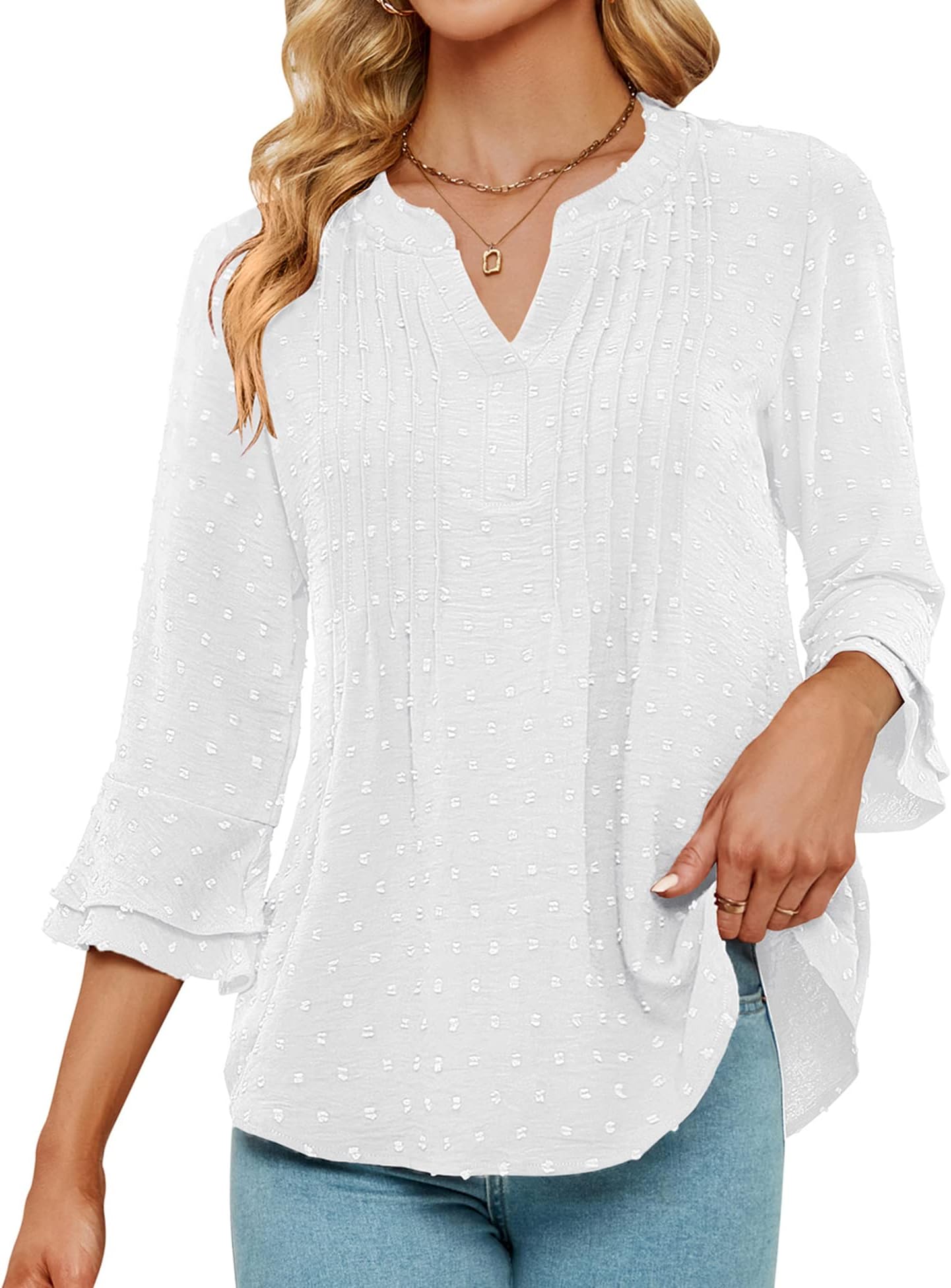 Womens Blouses Chiffon 3/4 Sleeve V Neck Pleated Ruffle Swiss Dot Dressy Work Tops for Women Cute Shirt Summer