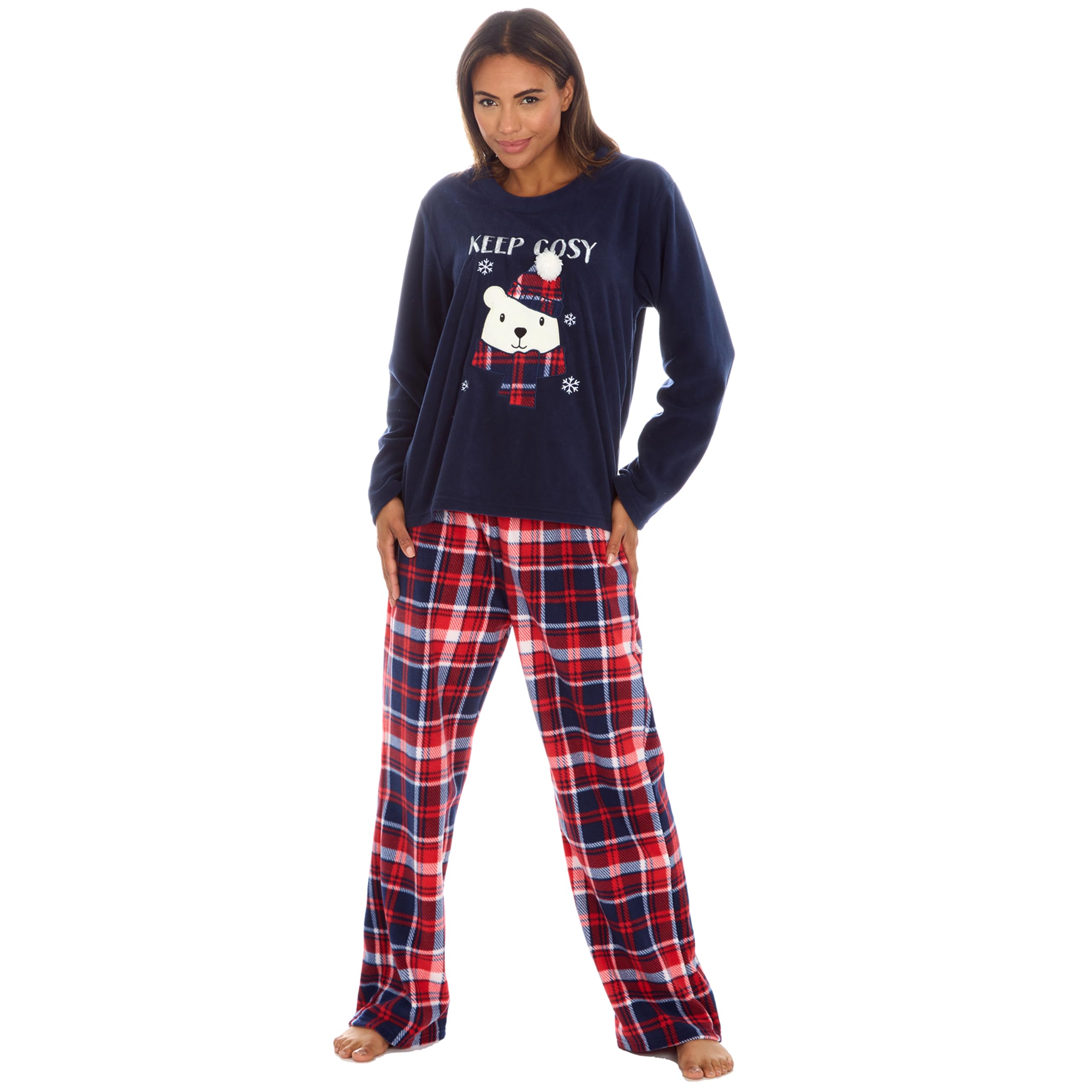 Metzuyan Women's Blue Ws-Aw23 Microfleece Warm Long Sleeve Applique Pyjamas Lounge Set Nightwear Navy Teddy Large