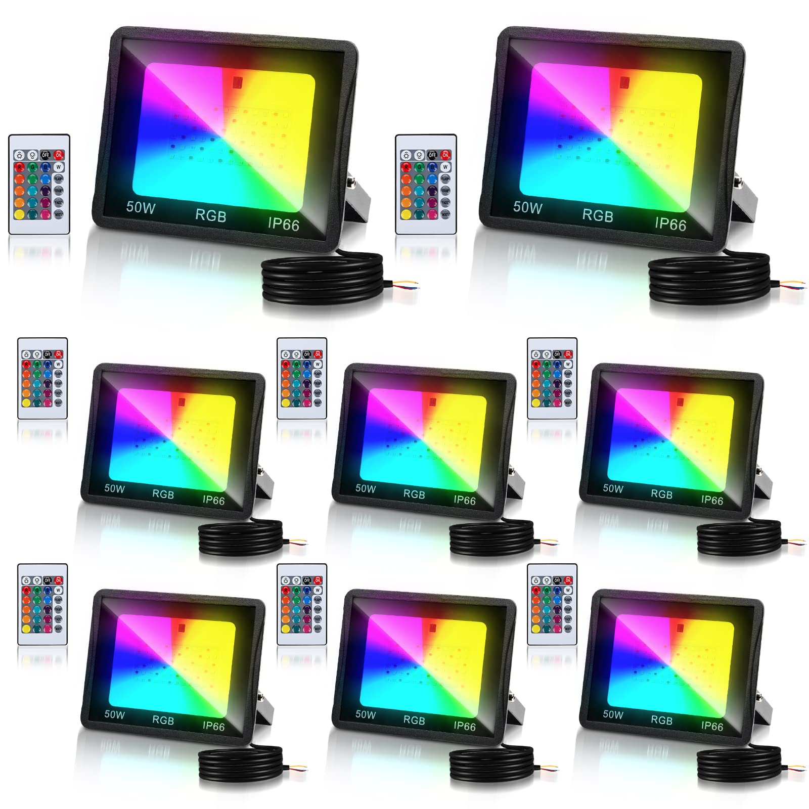 Herrselsam Foco LED RGB de 50 W con mando a distancia, foco LED RGB, regulable con 16 colores, 4 modos, IP66, resistente al agua, para fiestas, jardín, luz de ambiente (8 unidades)