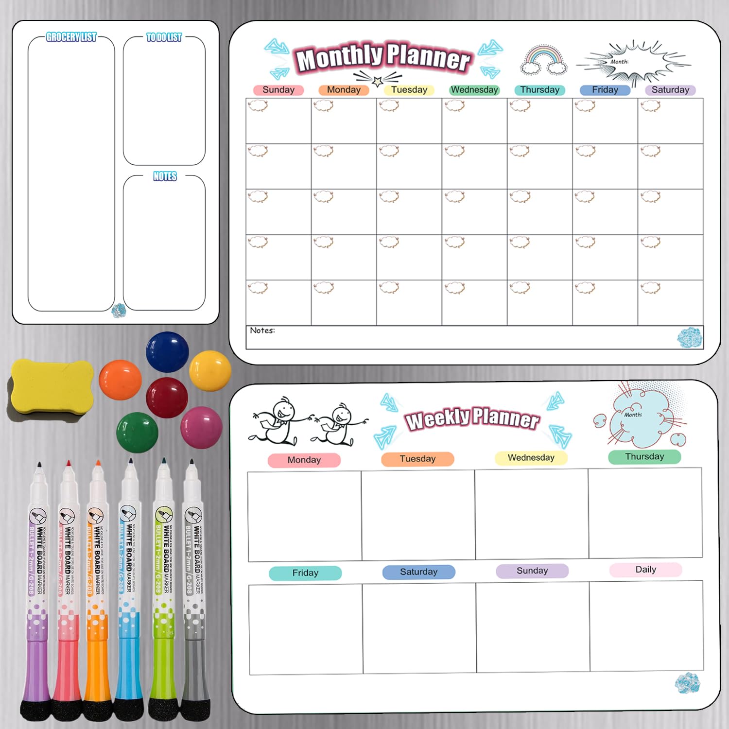 3 Pack Magnetic Dry Erase Calendar White Board for Fridge, Premium Home Magnetic Dry Erase Calendar Whiteboard Set - 3-in-1 Fridge/Wall Magnetic Fridge Calendar Dry Erase with 6 Markers + Eraser +6 Magnetic Beads