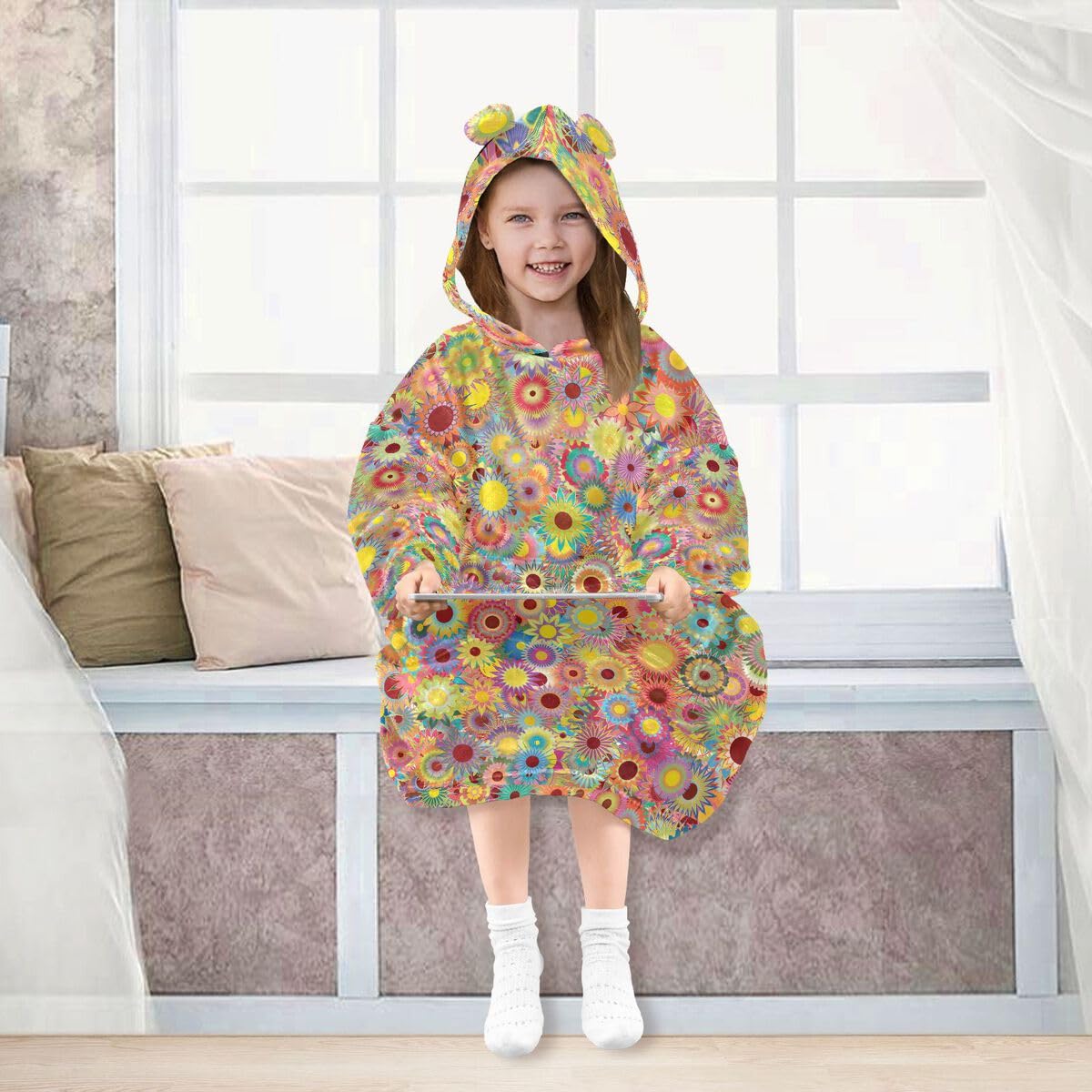 Wiosenne kwiaty liście dzieci koc do noszenia bluza z kapturem oversize bluza koc sweter lato kwiatowy dla chłopców dziewcząt w wieku 3-14 lat