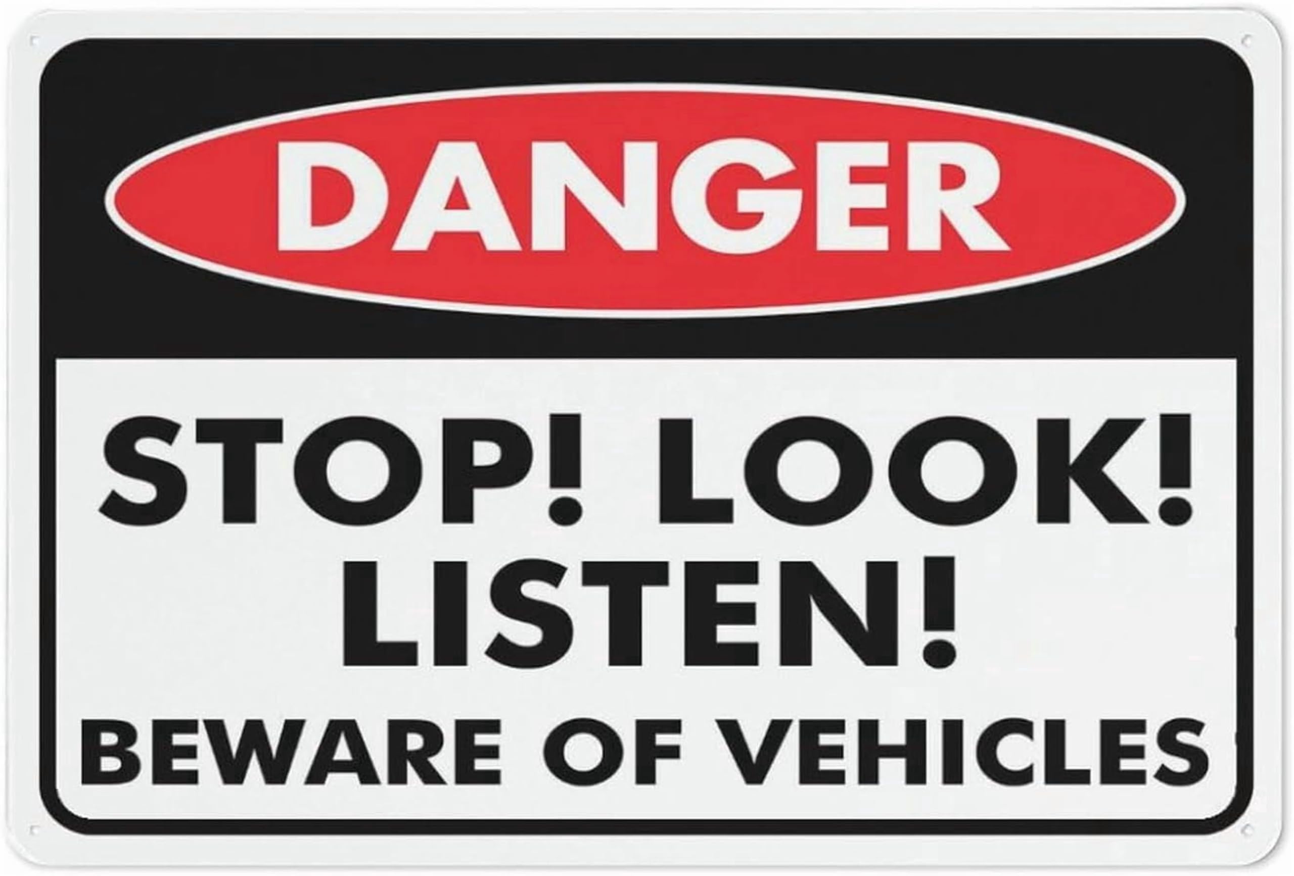 (2-Pack) Metal Tin Sign Danger Stop Look Listen Beware Of Vehicles Sign 12”X8” Signs Pre-Drilled Holes For Easy Mounting Indoor Or Outdoor Use For Fence Door Or Gate