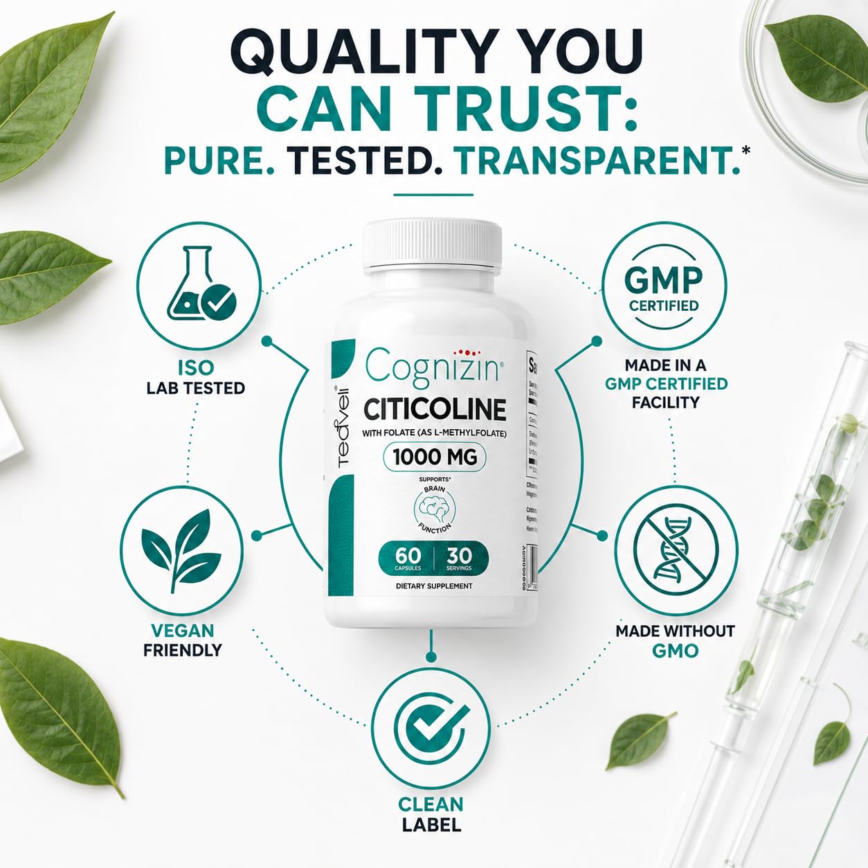 Teaveli Cognizin Citicoline- 1000mg CDP Choline Capsules with L-Methylfolate Folate- Clinically Studied Brain Supplement for Clarity, Concentration and Memory - Most Bioavailable Choline - 60 Capsules — Amazon image 8