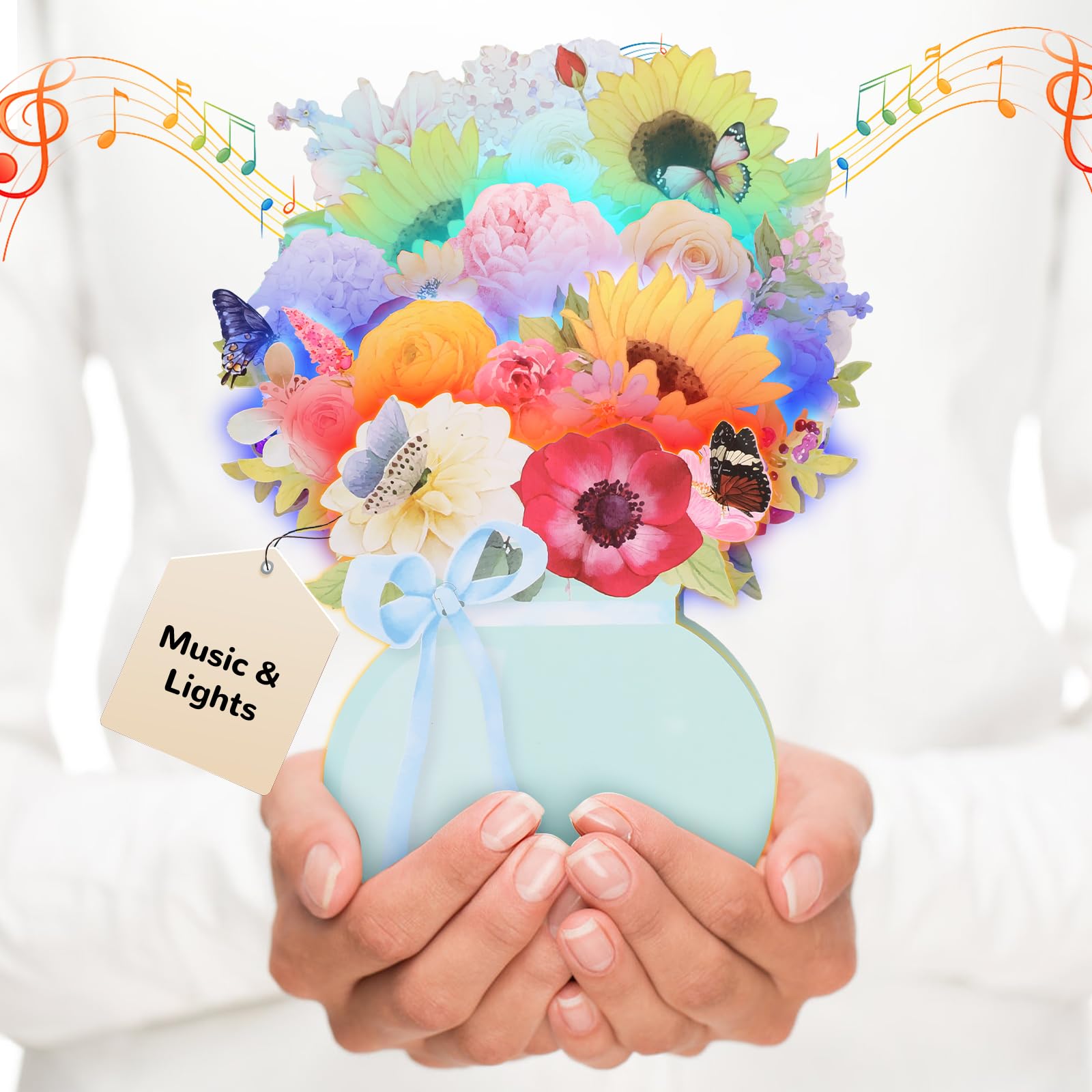 Ecloverlife Pop Up Cards, Music&Lights Paper Flower Bouquet with Note Card & Envelope, 10" DIY Flower Bouquet with Sunflowers, Roses, and Butterflies,