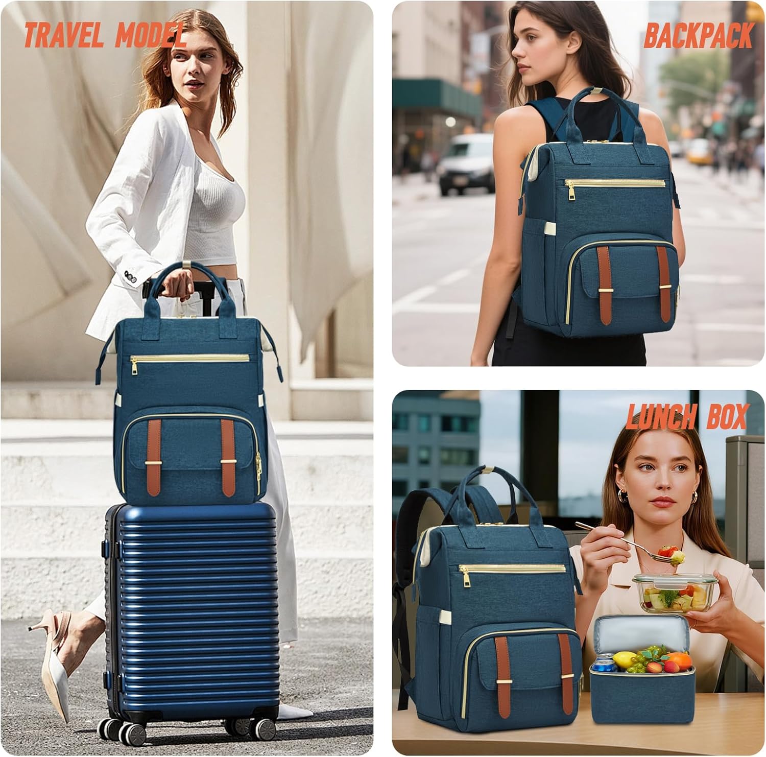 Lunch Backpack, 15.6 Inch Laptop Backpack with USB Port, Stylish Nurse, Teacher and Work Bag with Insulated Cooler Lunch Box for Women, Blue