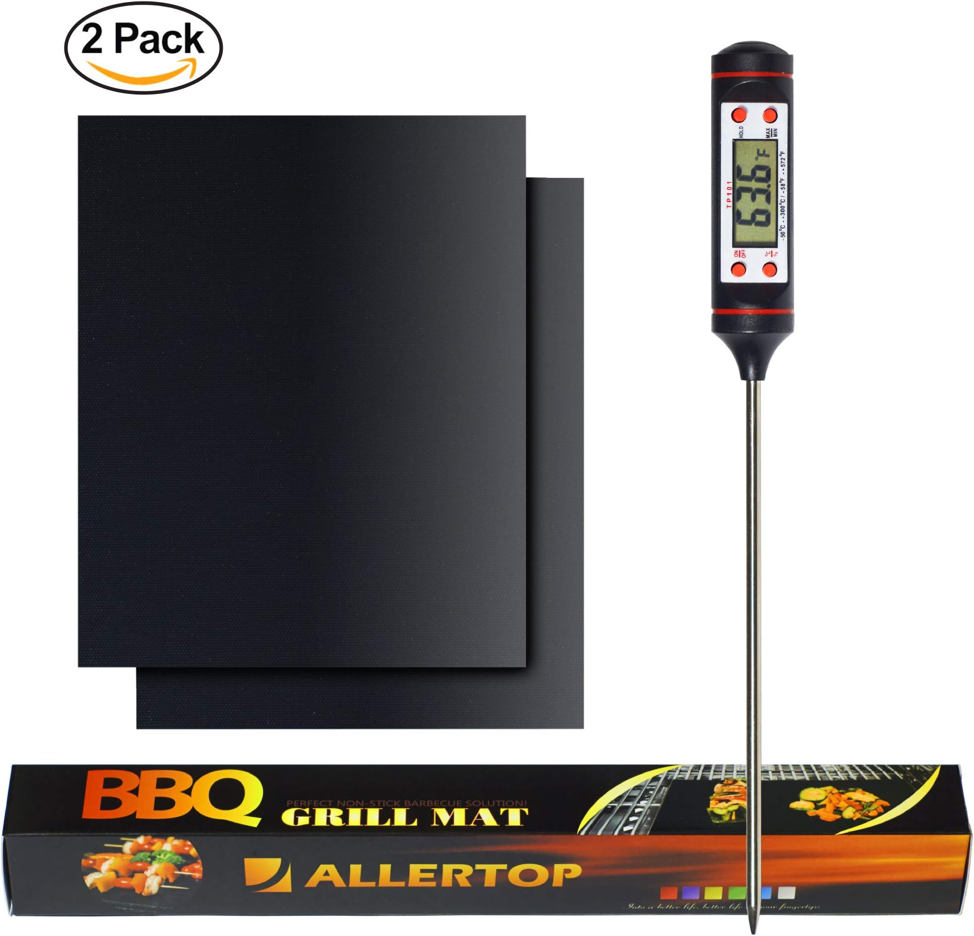 AllerTOP BBQ Grill Set - Set of 2 Heavy Duty, Non-Stick BBQ Grill Mats + Digital Cooking Thermometer by Protecting Your Expensive Grilling Equipment