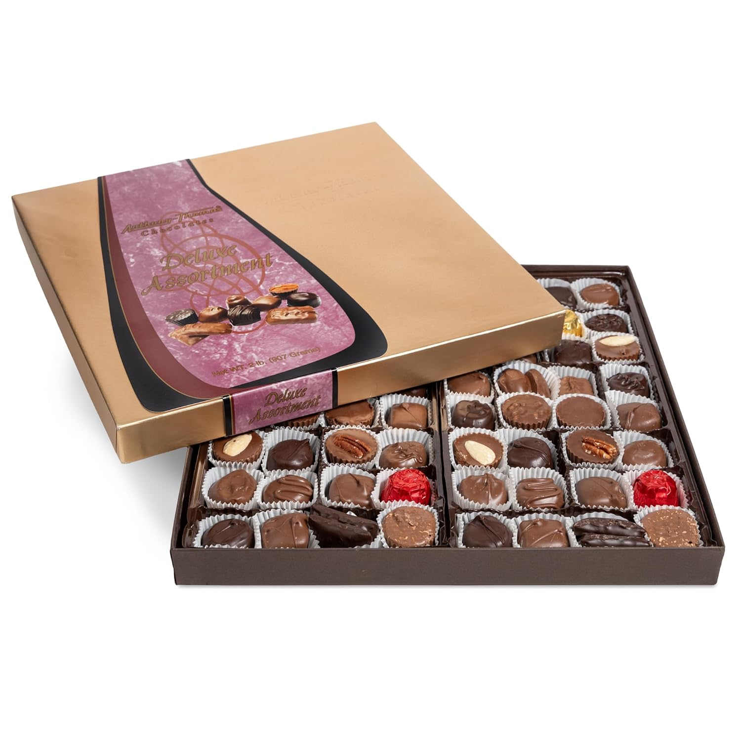 Anthony Thomas, Milk and Dark Chocolate Deluxe Assortment, Milk and Dark Chocolate, Soft Centers, Nuts, Toffee and Caramels, Gift Box (64 Pieces)