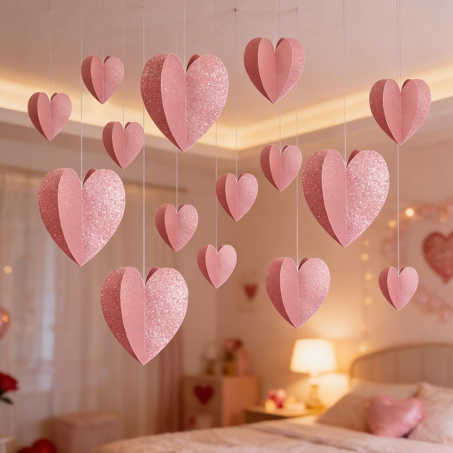 Colarr 24 Pcs Large 3D Heart Shape Garland 9.8 x 9.8 inch 3D Jumbo Heart Shape Hanging Paper for Wedding Anniversary Birthday Indoor Party Supplies(Glitter Rose Gold) - Image 5
