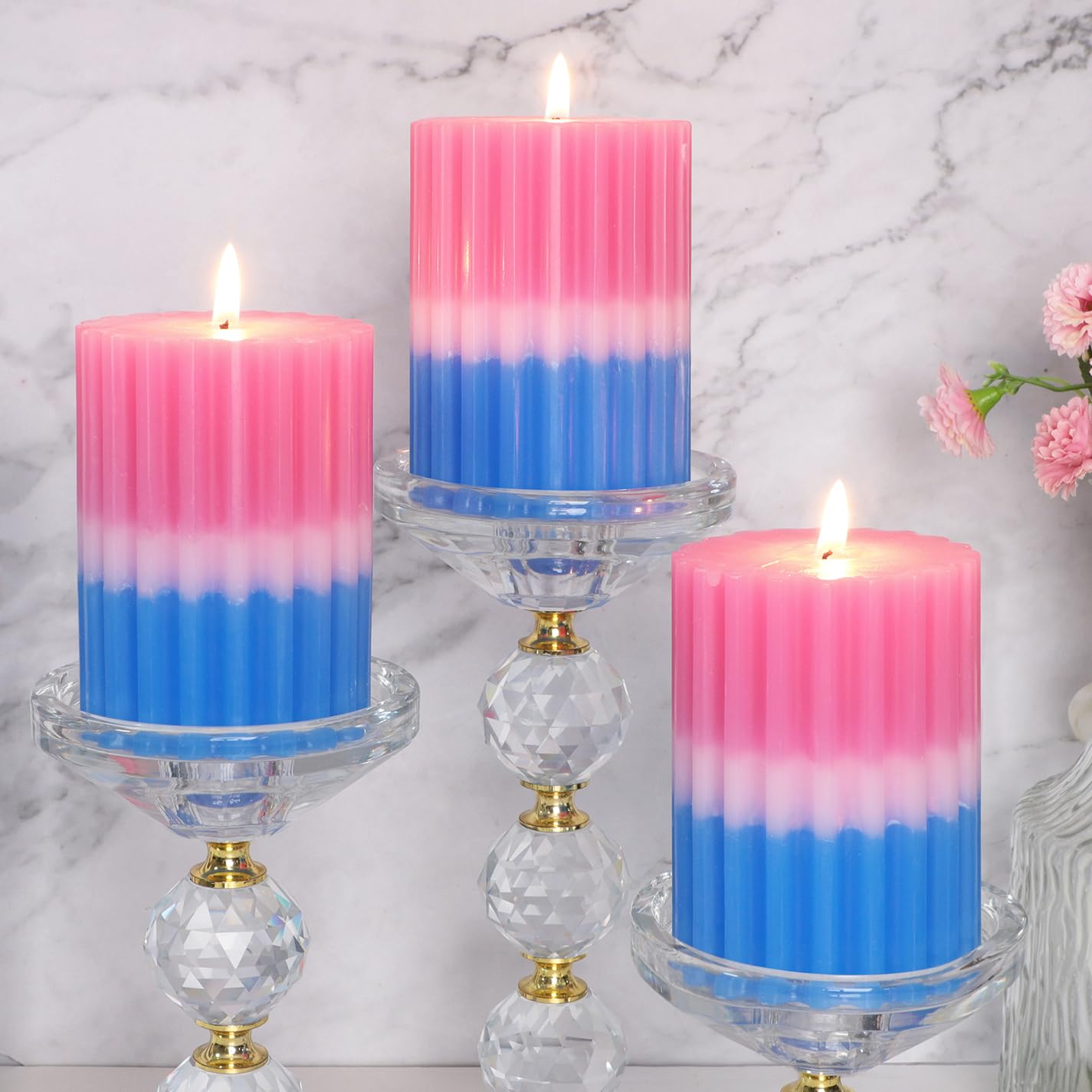 Chypre - Velas de pilar perfumadas florales afrutadas, acanaladas azul y rosa, 3 x 4 pulgadas, núcleo 100% algodón, velas de cera de parafina hechas a mano para baño, sala de estar, decoración