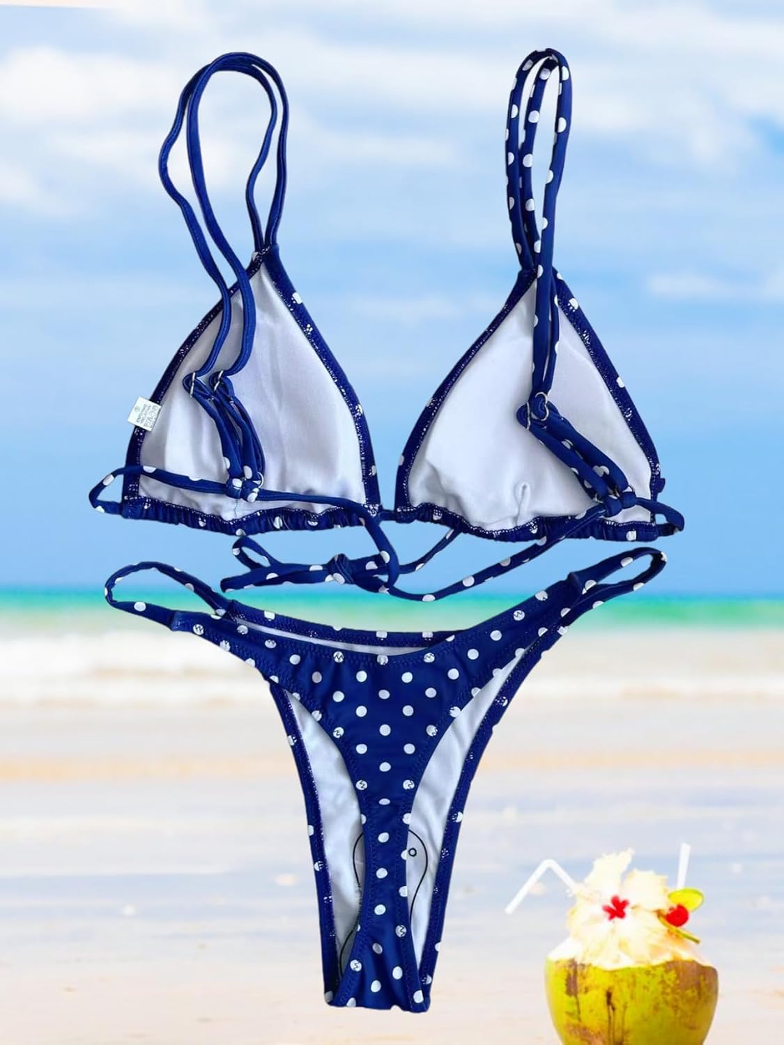 Women's Sexy Thong Bottom Two Piece Bikini Double Shoulder Straps Cute Swimsuit Triangle Bathing Suit