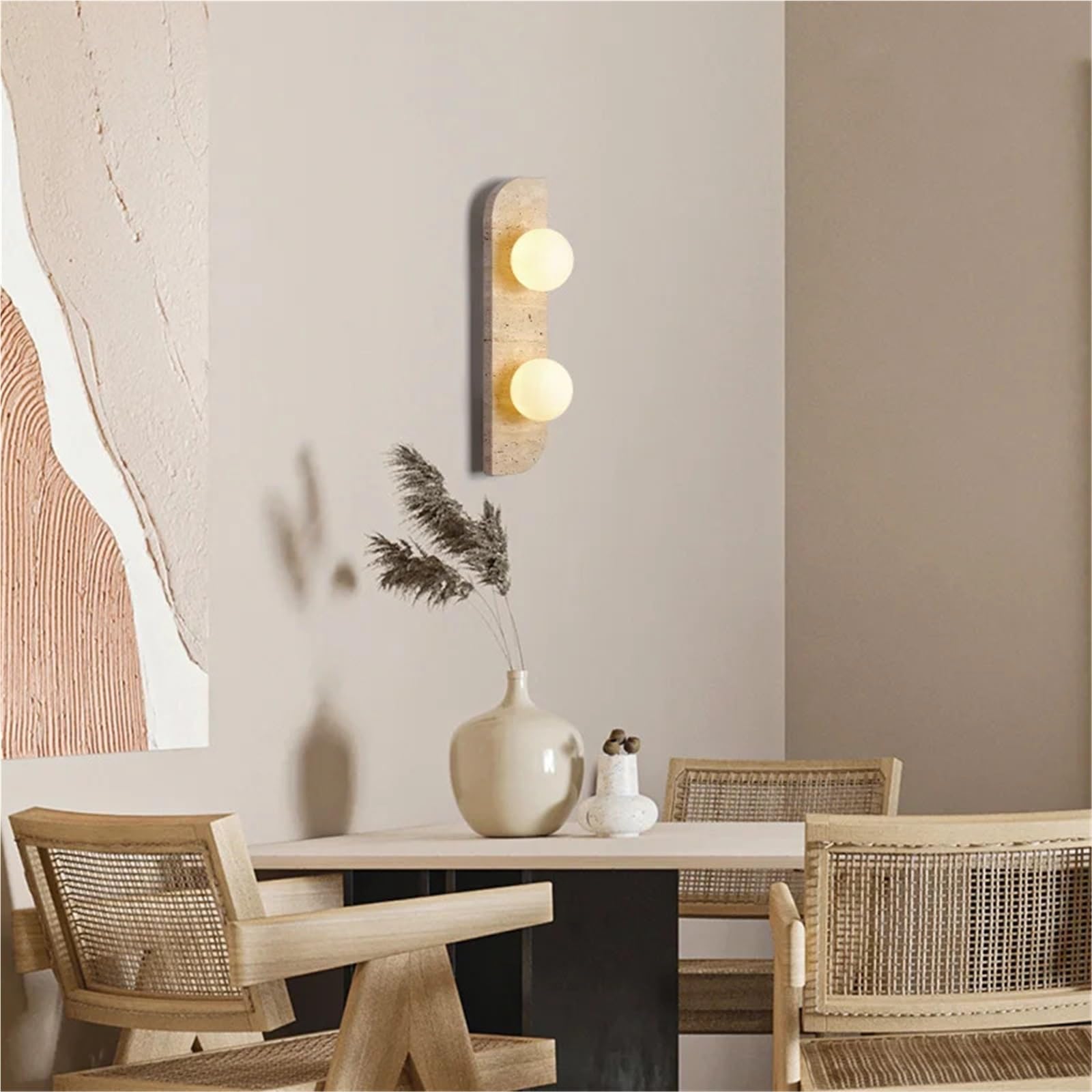 Retro kinkiet z kamienia naturalnego, żółty trawertyn LED, biały szklany klosz, nastrojowe oświetlenie korytarza (ciepła biel (2700-3500 K), dwie głowice)