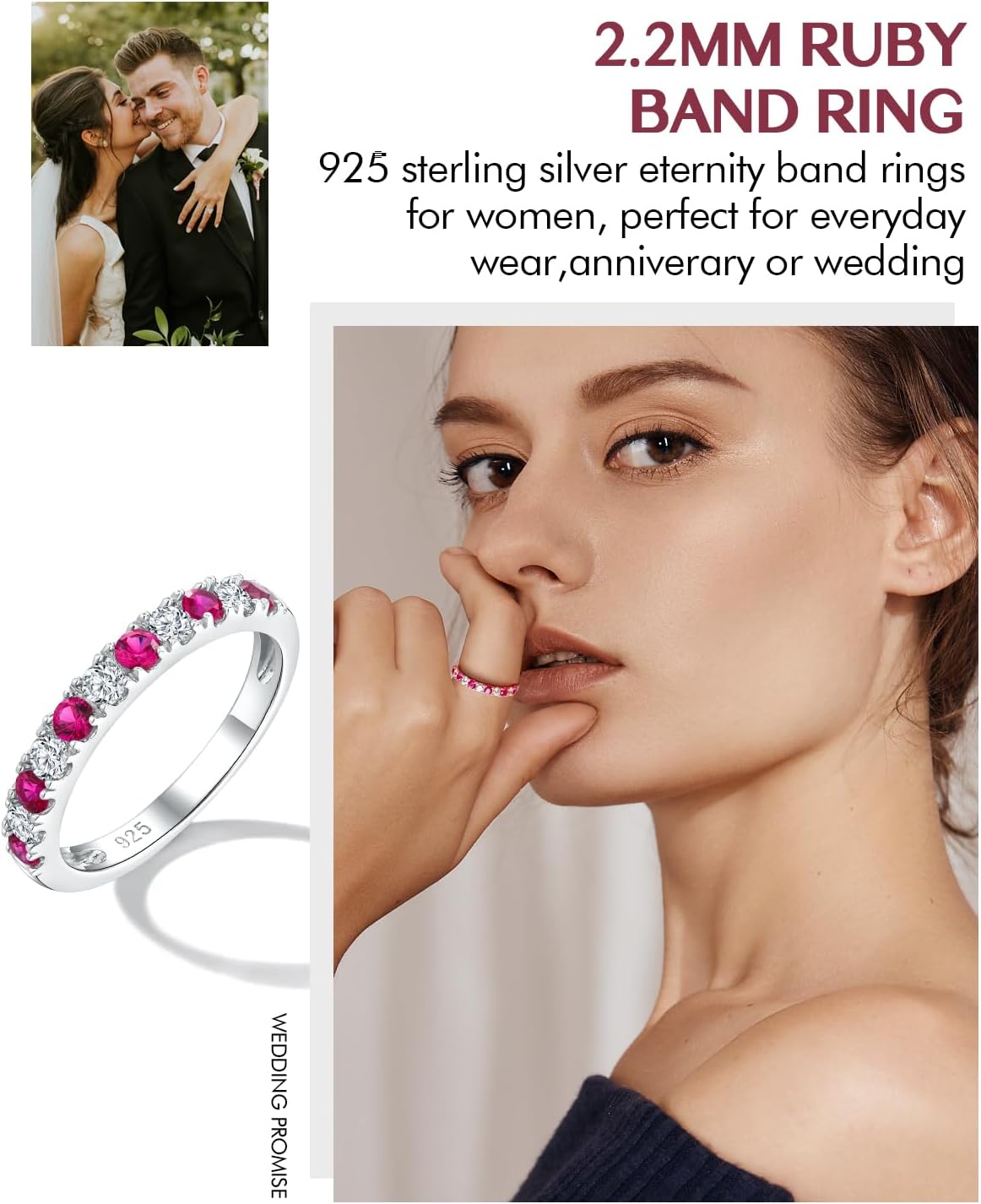 DAYBAYDAY Half Eternity Rings for Women, 925 Sterling Silver Amethyst/Aquamarine/Emearld/Ruby/Sapphire Eternity Band Ring, 2.5mm Think Stackable Rings Womens Wedding Bands Size 6-10 - Image 2