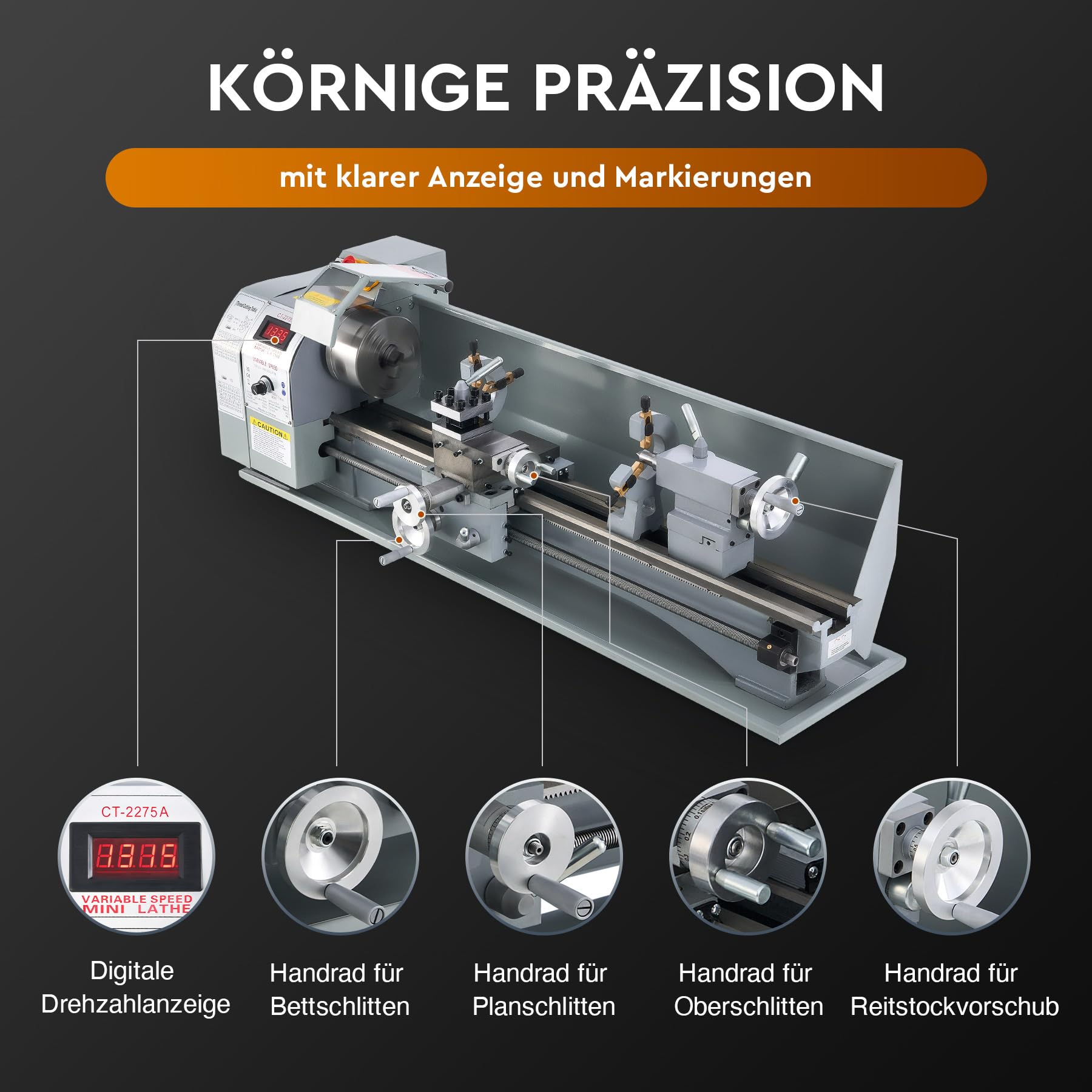 CREWORKS Metalldrehmaschine 1100 W Metalldrehmaschine 220 x 750 MM Drehmaschine Tischdrehmaschine 0-3000 U/min mit 3-Backenfutter für Heimwerker-Holz- und Metallbearbeitung