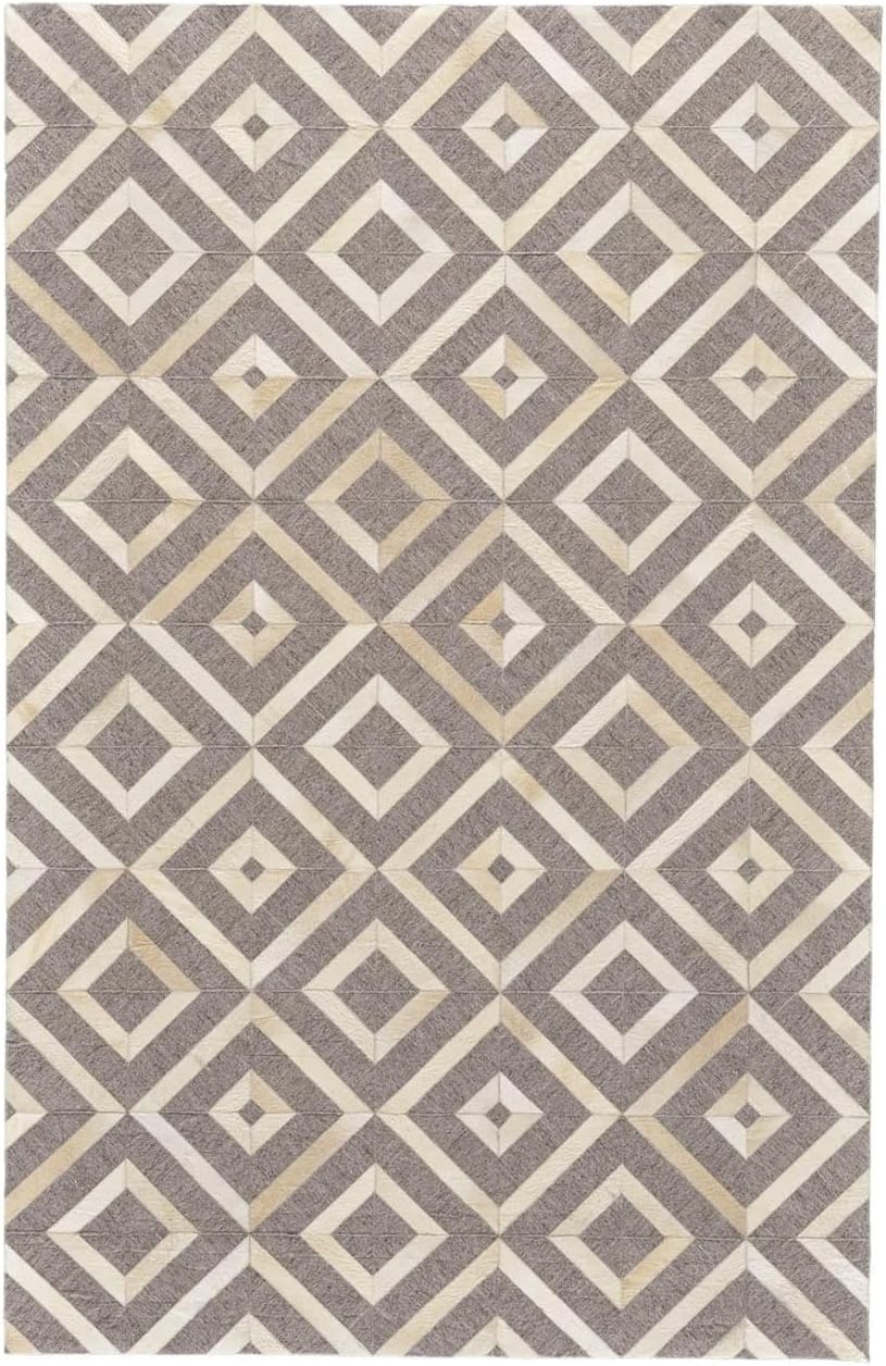 Leather and Jacquard Geometric Pattern Area Rug, Diamond Lattice Design, Black and Gray, (Natural Multi Beige/Grey-107, 6x9)