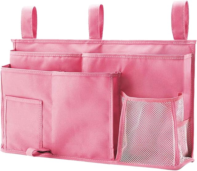 Caddy Hanging Organizer Bedside Storage Bag, 600D Oxford Cloth with Hook&Loop Fastener for Bunk and Hospital Beds,Dorm Rooms Bed Rails(8 Pockets) (Pink)