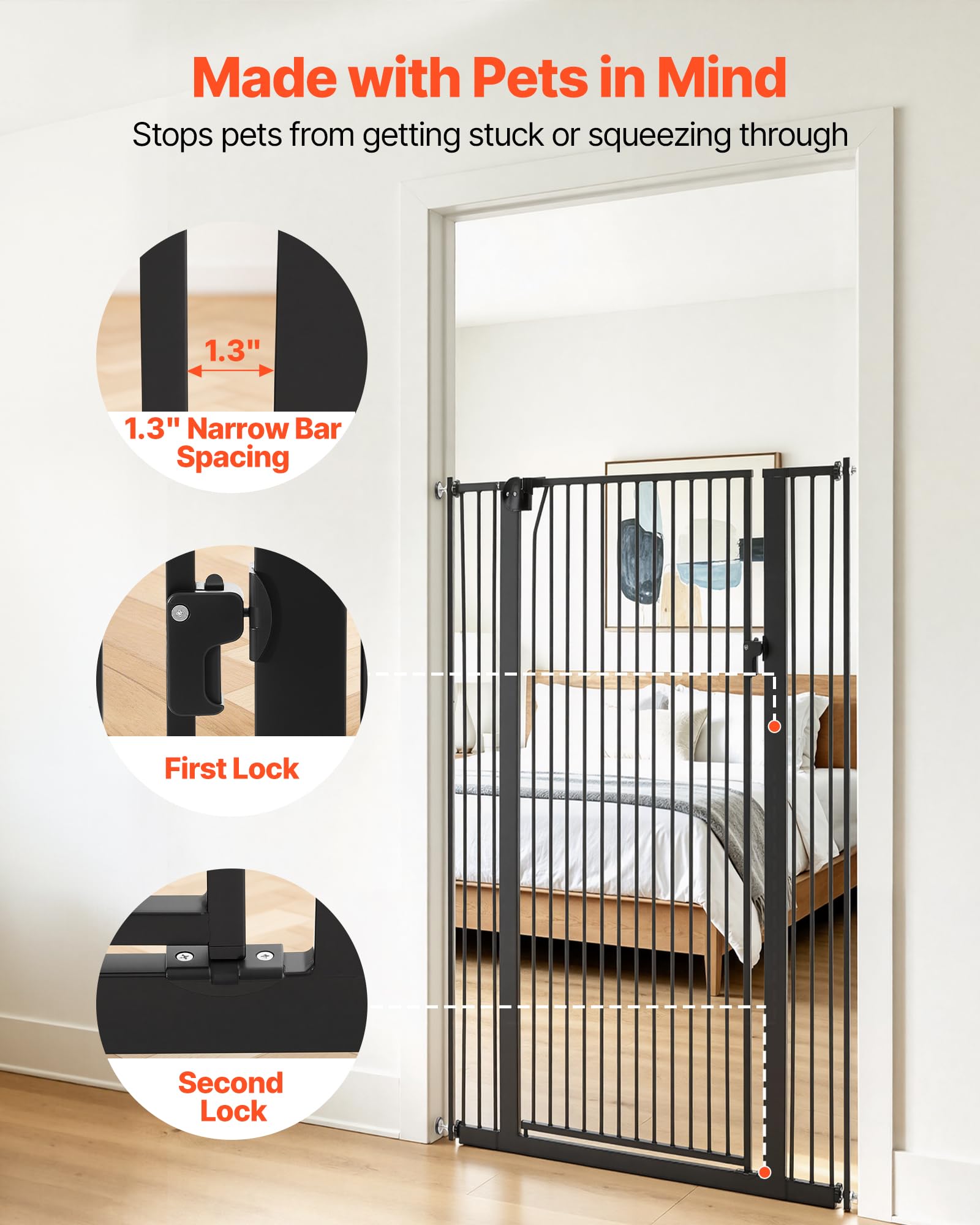 VEVOR Barrera de Seguridad para Niños, Ajustable de 740-1050 mm, Alto Extra de 1420 mm, Puerta de Seguridad para Perros y Gatos, con Kit de Montaje a Presión, para Dormitorio Hogar Salón, Negro