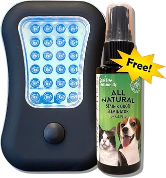 UV Black Light Flashlight for Pet Urine Detection. Great Ultraviolet Blacklight LED for Cat & Dog Pee Stain Detector with Free All Natural Urine Odor and Stain Remover 2 oz